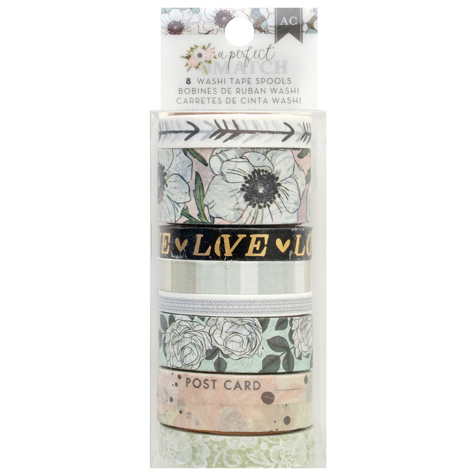 Front of packaging for American Crafts A Perfect Match Washi Tape - 8 Pack