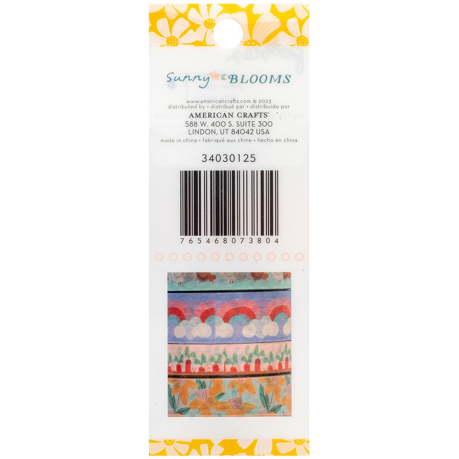 Back of packaging for American Crafts Pebbles Sunny Bloom Washi Tape - 8 Pack