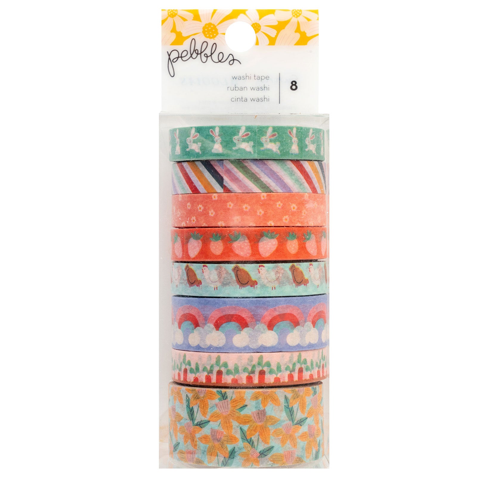 Front of packaging for American Crafts Pebbles Sunny Bloom Washi Tape - 8 Pack