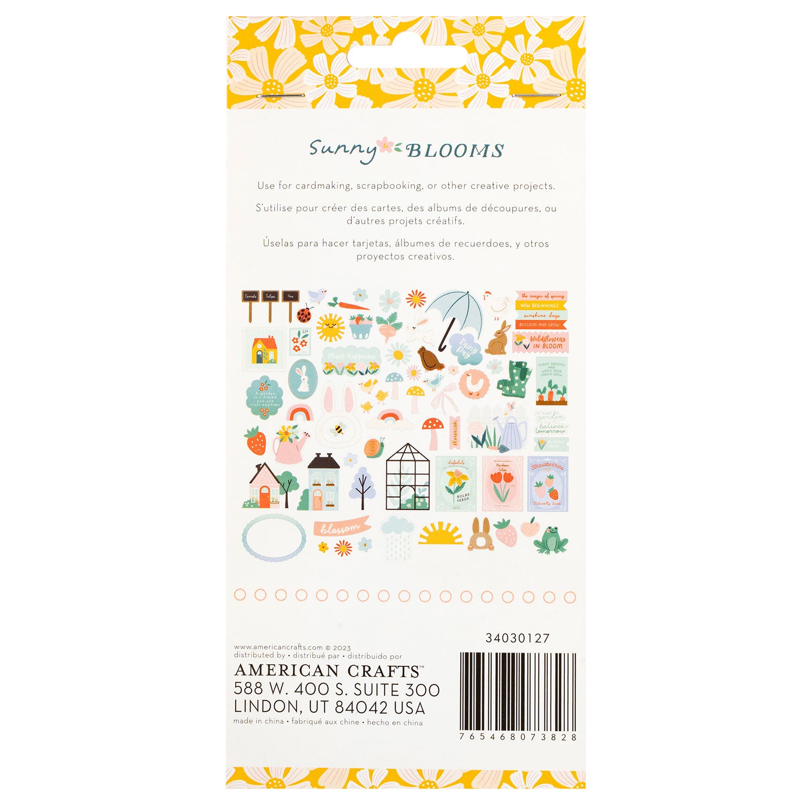 Back of packaging for American Crafts Pebbles Sunny Bloom Ephemera Icon Die Cut Shapes - 70 Piece