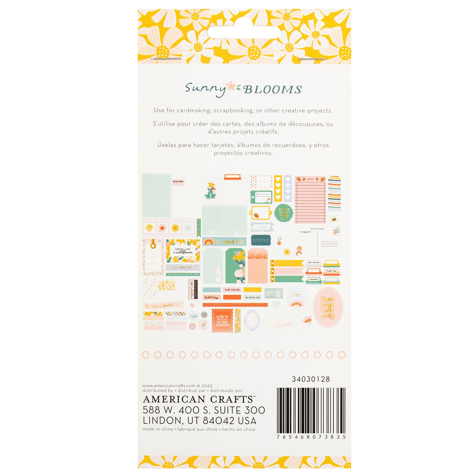 Back of packaging for American Crafts Pebbles Sunny Bloom Journaling Ephemera Icon Set - 70 Piece