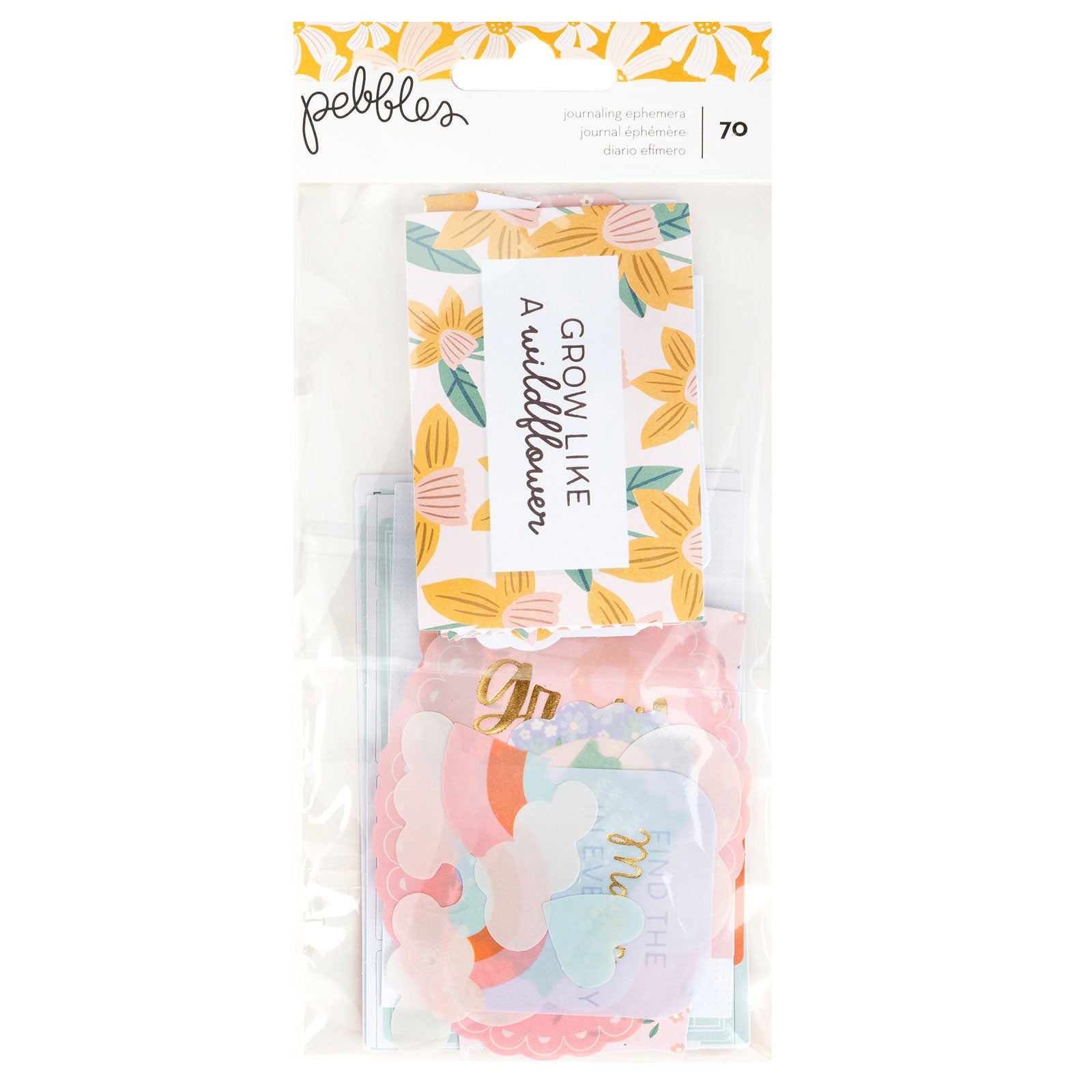 Front of packaging for American Crafts Pebbles Sunny Bloom Journaling Ephemera Icon Set - 70 Piece