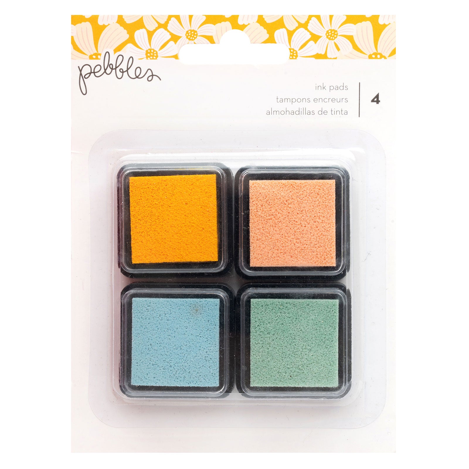 Front of packaging for American Crafts Pebbles Sunny Bloom Medium Ink Pads - 4 Pack