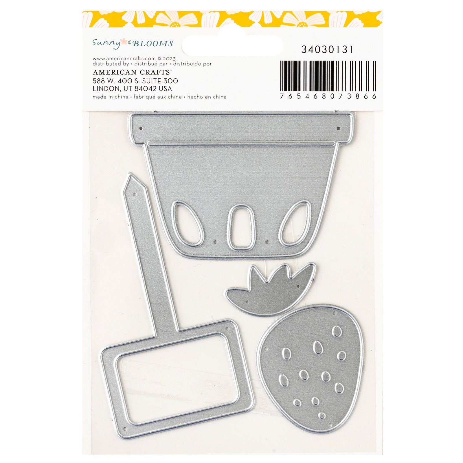 Back of packaging for American Crafts Pebbles Sunny Bloom Metal Die Set - 4 Piece