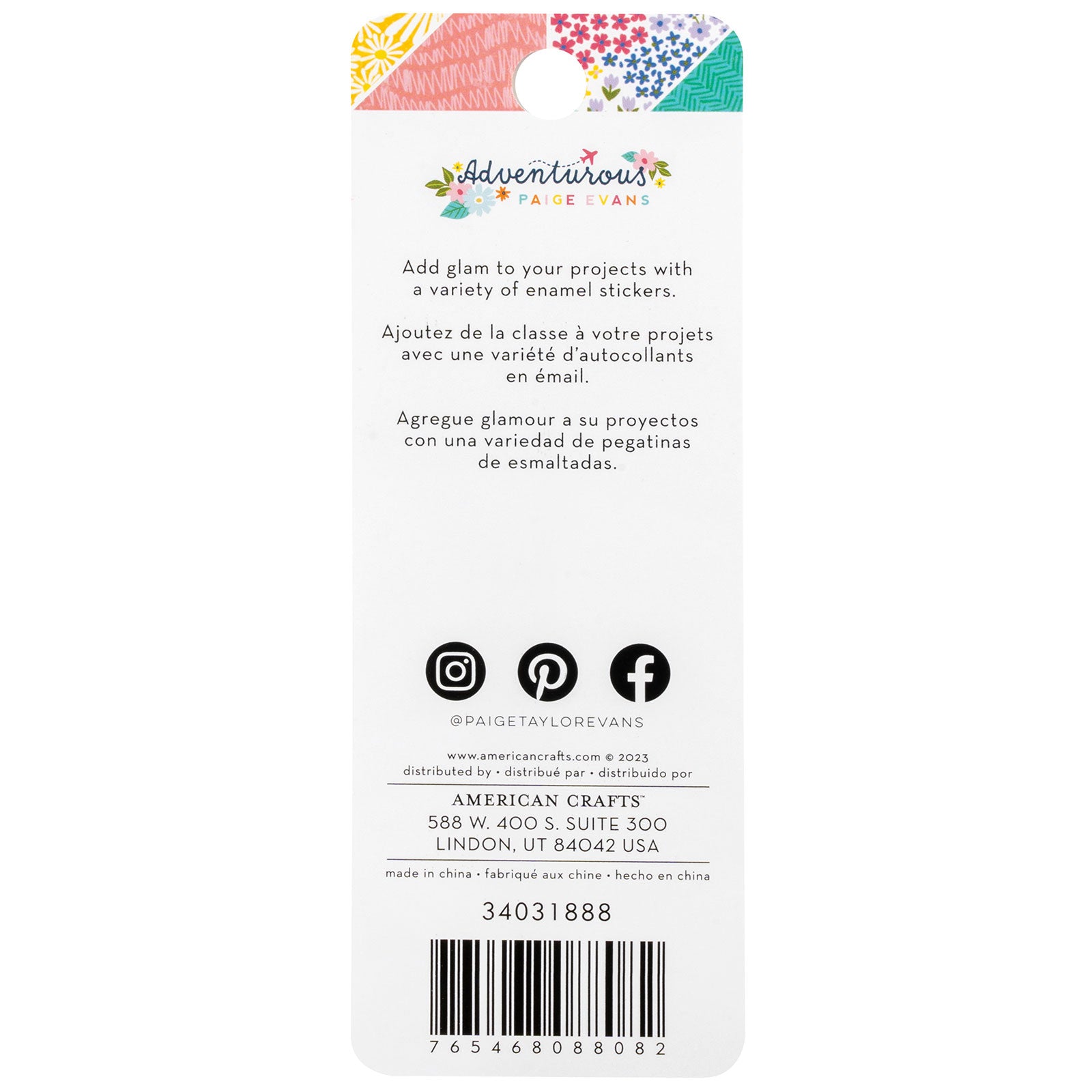 Back of packaging for American Crafts Paige Evans Adventurous Enamel Dot Stickers - 60 Piece