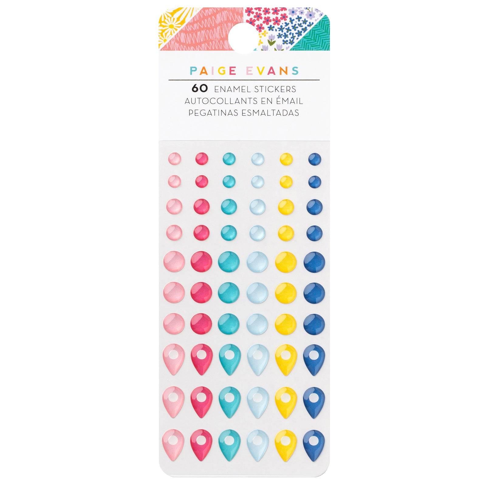 Front of packaging for American Crafts Paige Evans Adventurous Enamel Dot Stickers - 60 Piece