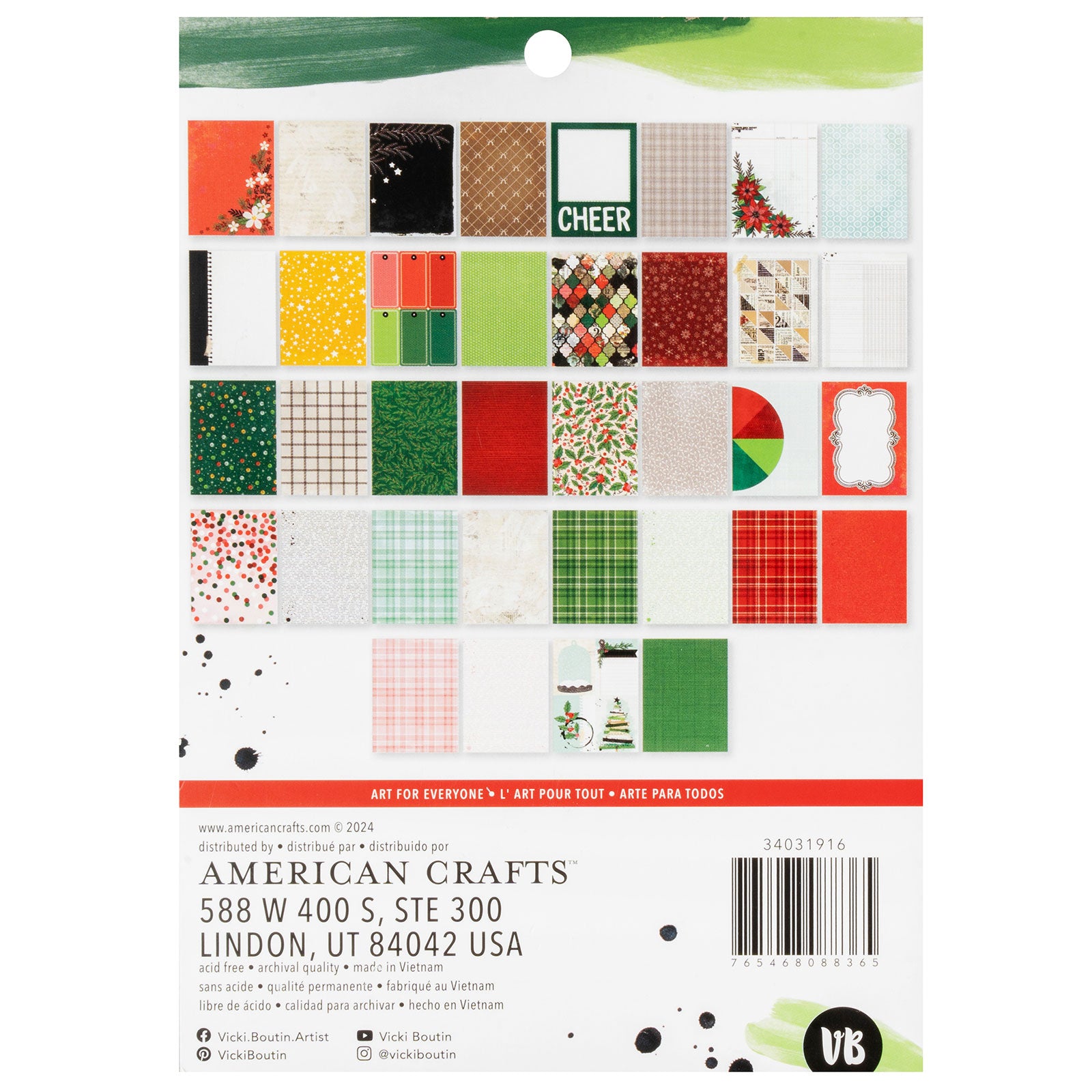Back of packaging for American Crafts Vikki Boutin Wrapped in Ribbons 6" x 8" Double-Sided Paper Pad - 36 Pack