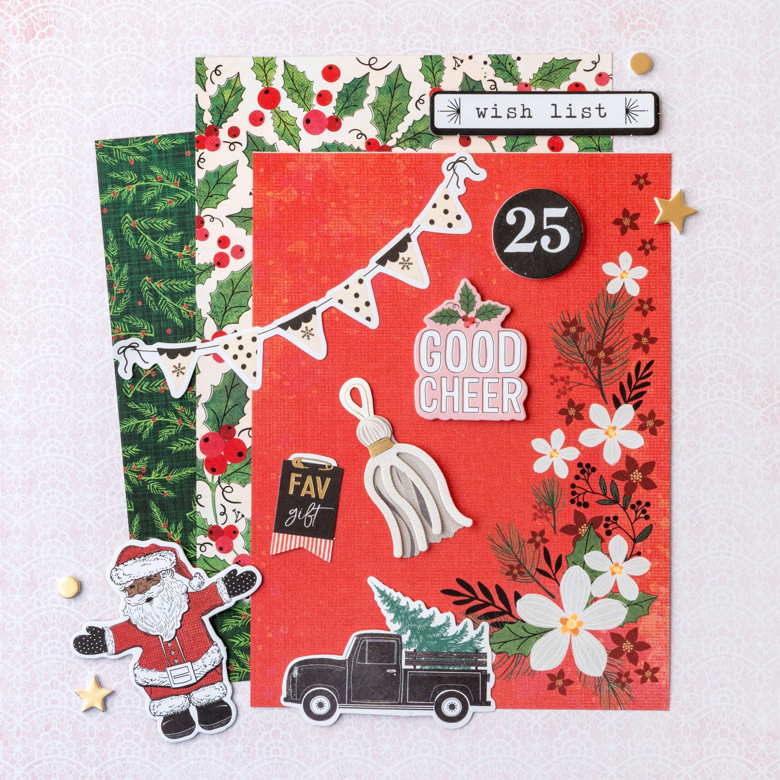 A lifestyle image of Christmas themed craft that used American Crafts Vikki Boutin Wrapped in Ribbons 6" x 8" Double-Sided Paper Pad - 36 Pack