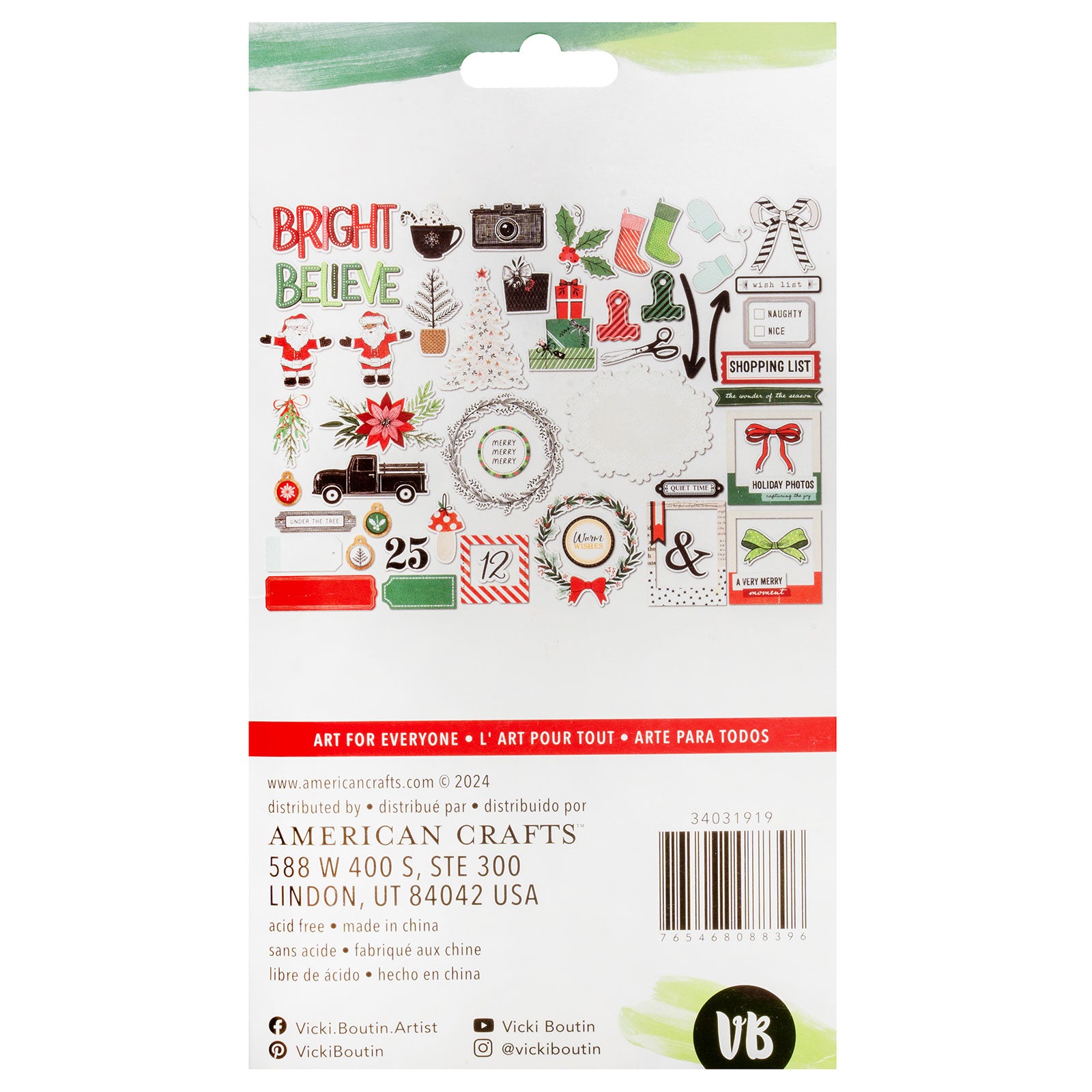 Back of packaging for American Crafts Vicki Boutin Wrapped in Ribbons Diecut Chipboard Shapes - 50 Piece