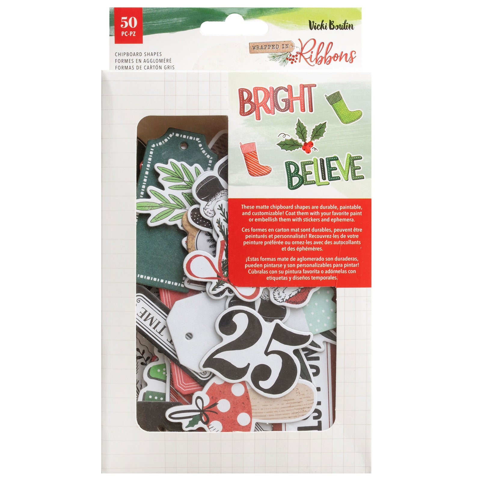 Front of packaging for American Crafts Vicki Boutin Wrapped in Ribbons Diecut Chipboard Shapes - 50 Piece
