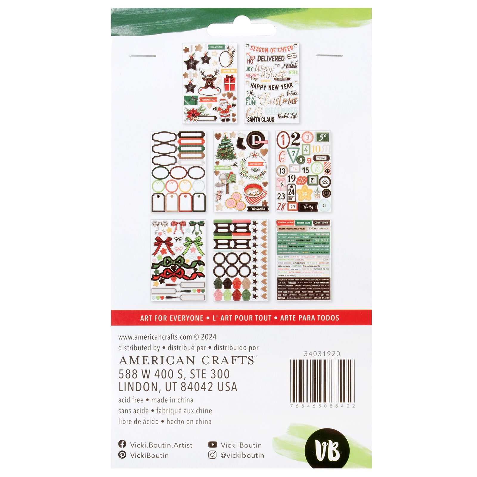 Back of packaging for American Crafts Vicki Boutin Wrapped in Ribbons Sticker Book - 262 Piece