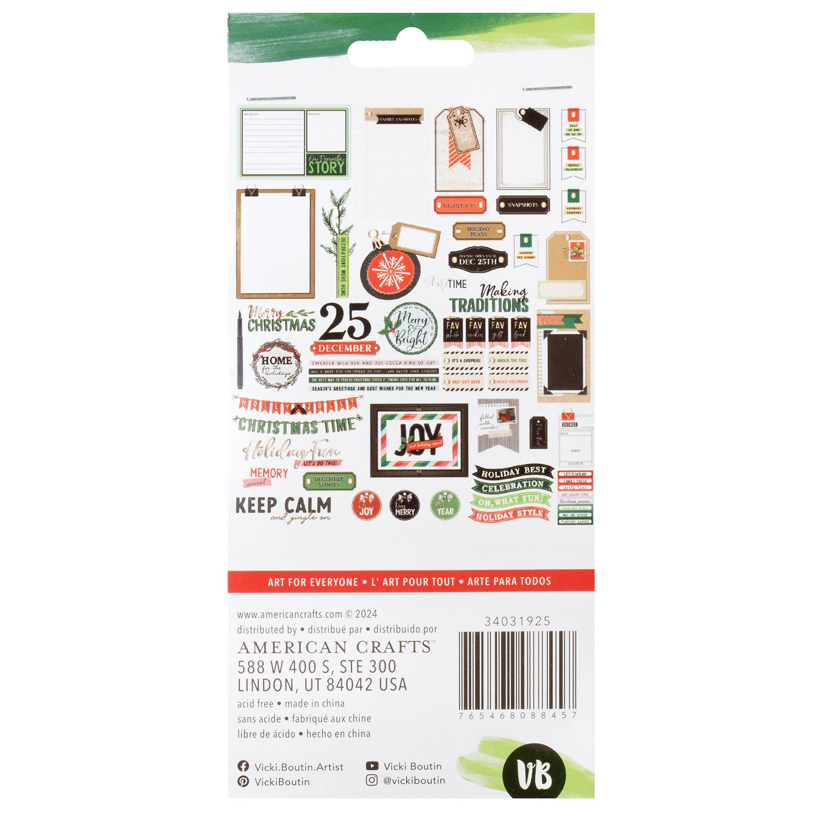 Back of packaging for American Crafts Vicki Boutin Wrapped in Ribbons Cardstock Journaling Ephemera Set - 56 Piece