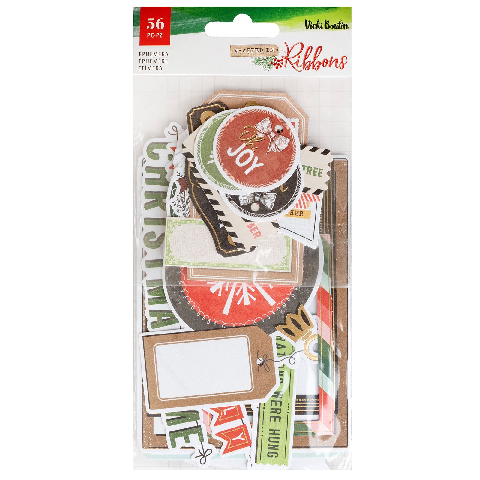 Front of packaging for American Crafts Vicki Boutin Wrapped in Ribbons Cardstock Journaling Ephemera Set - 56 Piece