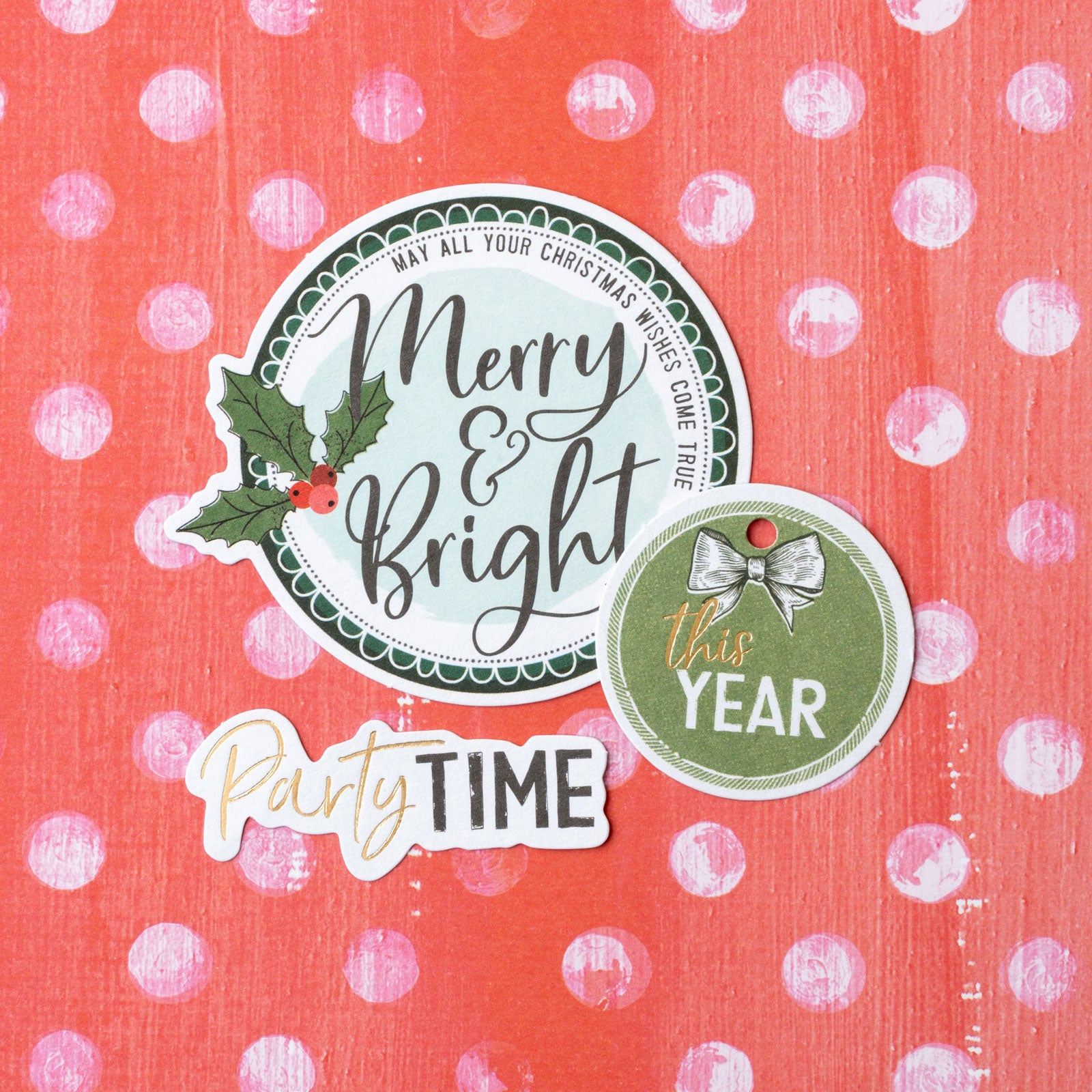 Close up of a few pieces from American Crafts Vicki Boutin Wrapped in Ribbons Cardstock Journaling Ephemera Set - 56 Piece