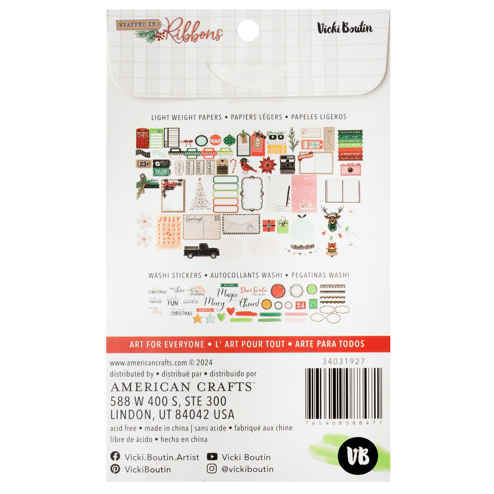 Back of packaging for American Crafts Vicki Boutin Wrapped in Ribbons Paperie Pack - 200 Piece