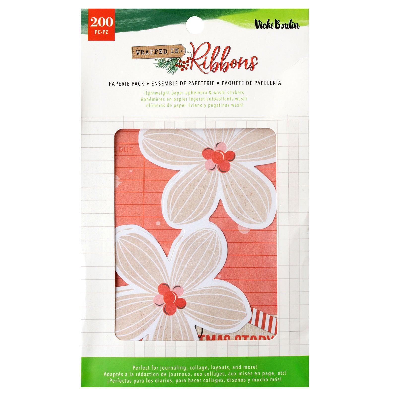 Front of packaging for American Crafts Vicki Boutin Wrapped in Ribbons Paperie Pack - 200 Piece