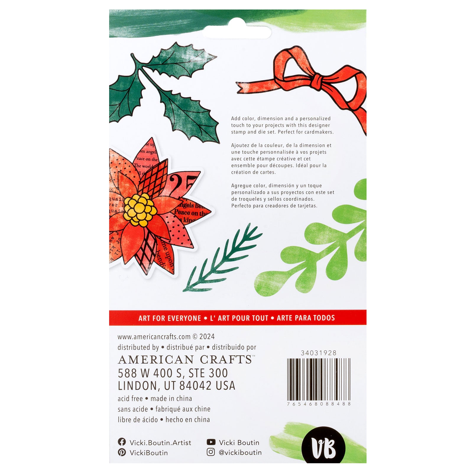 Back of packaging for American Crafts Vicki Boutin Wrapped in Ribbons Happy Holidays Acrylic Stamp & Metal Die Set - 10 Piece
