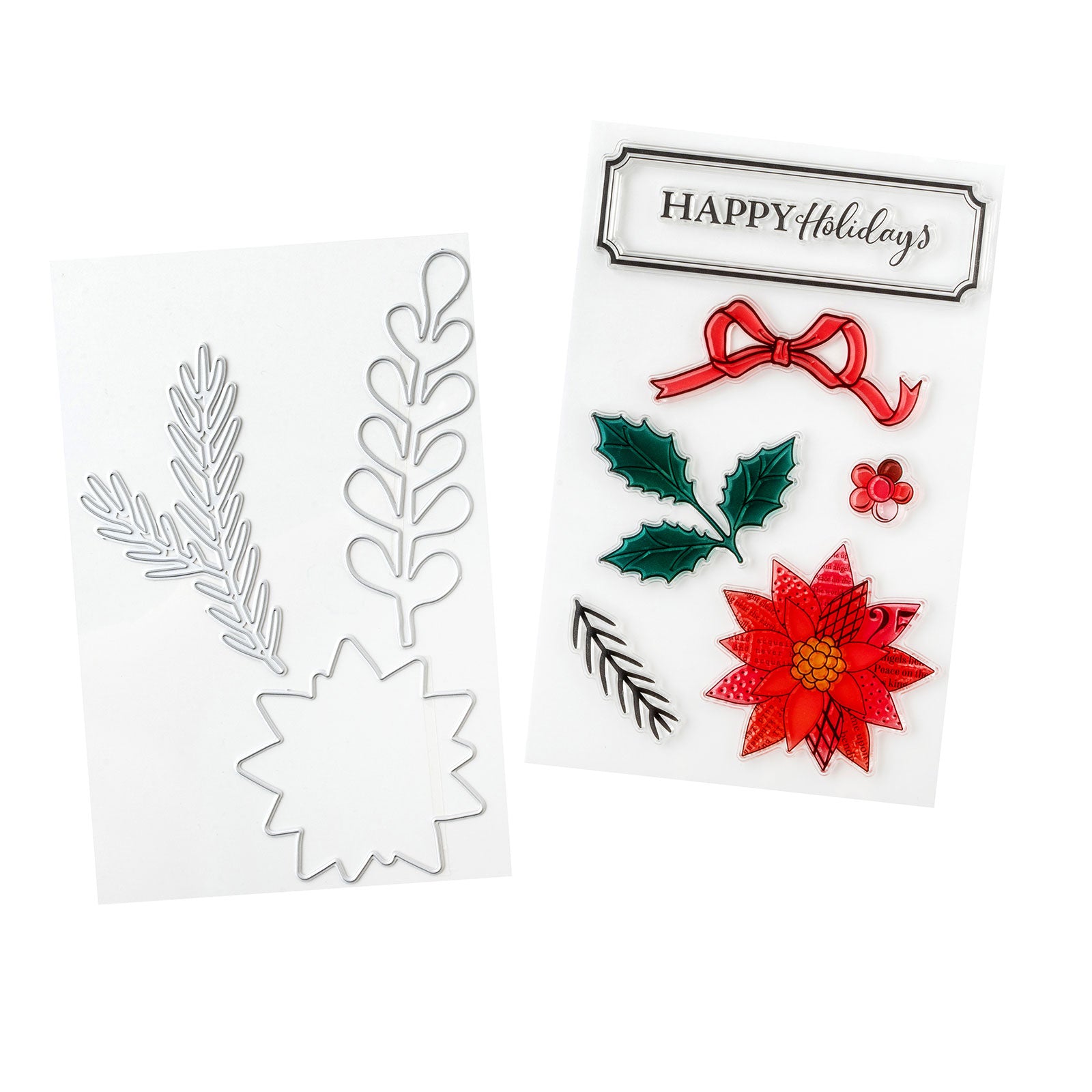 Close up image of American Crafts Vicki Boutin Wrapped in Ribbons Happy Holidays Acrylic Stamp & Metal Die Set - 10 Piece