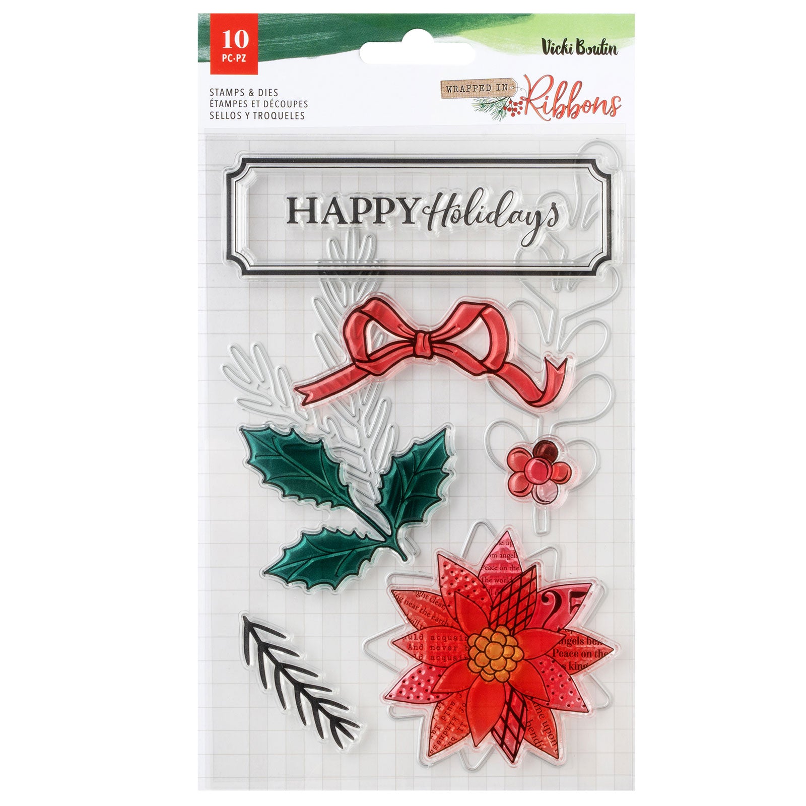 Front of packaging for American Crafts Vicki Boutin Wrapped in Ribbons Happy Holidays Acrylic Stamp & Metal Die Set - 10 Piece