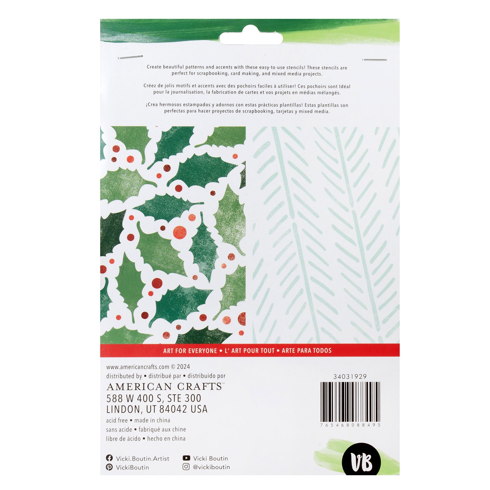 Back of packaging for American Crafts Vicki Boutin Wrapped in Ribbons Christmas Stencil Set - 3 Piece