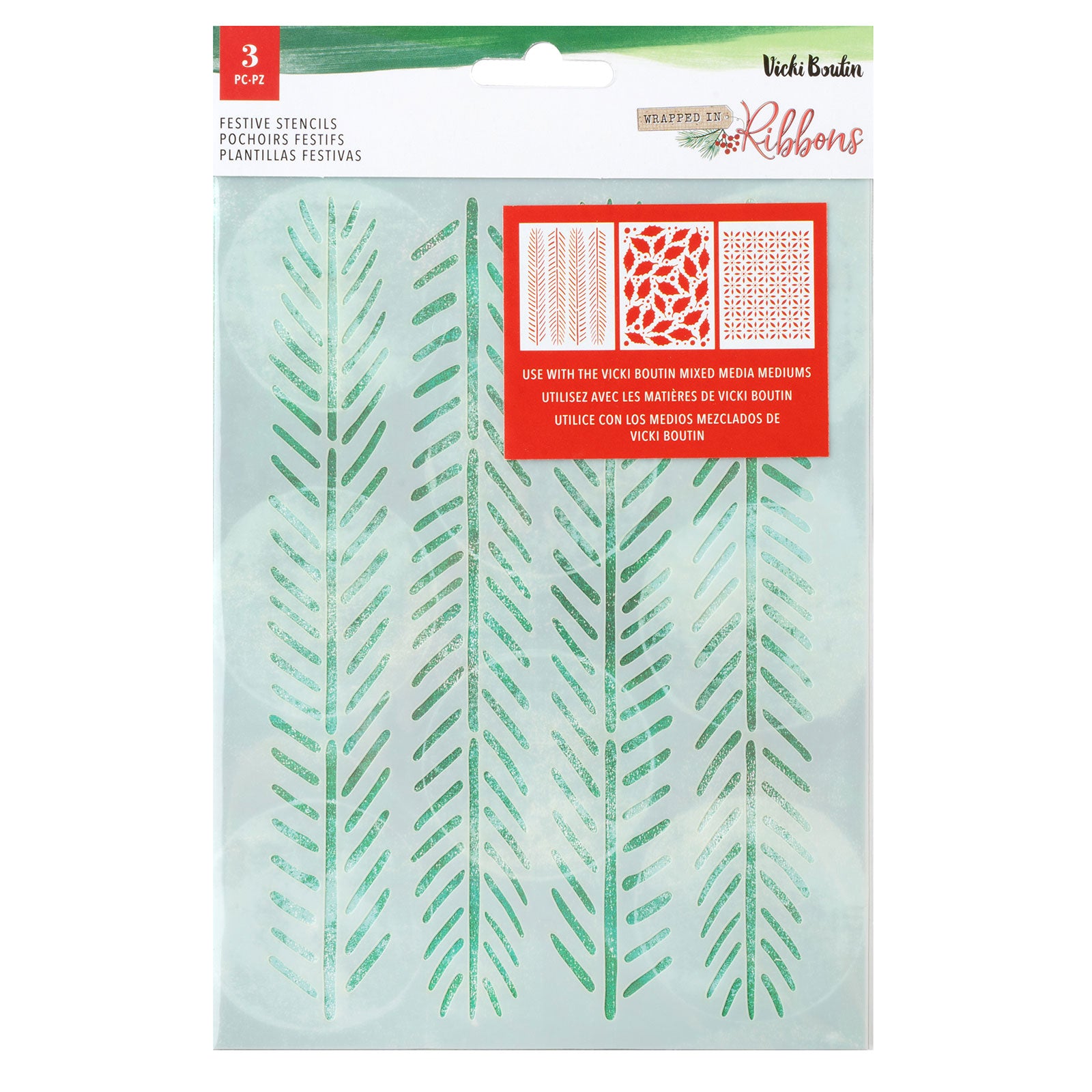 Front of packaging for American Crafts Vicki Boutin Wrapped in Ribbons Christmas Stencil Set - 3 Piece