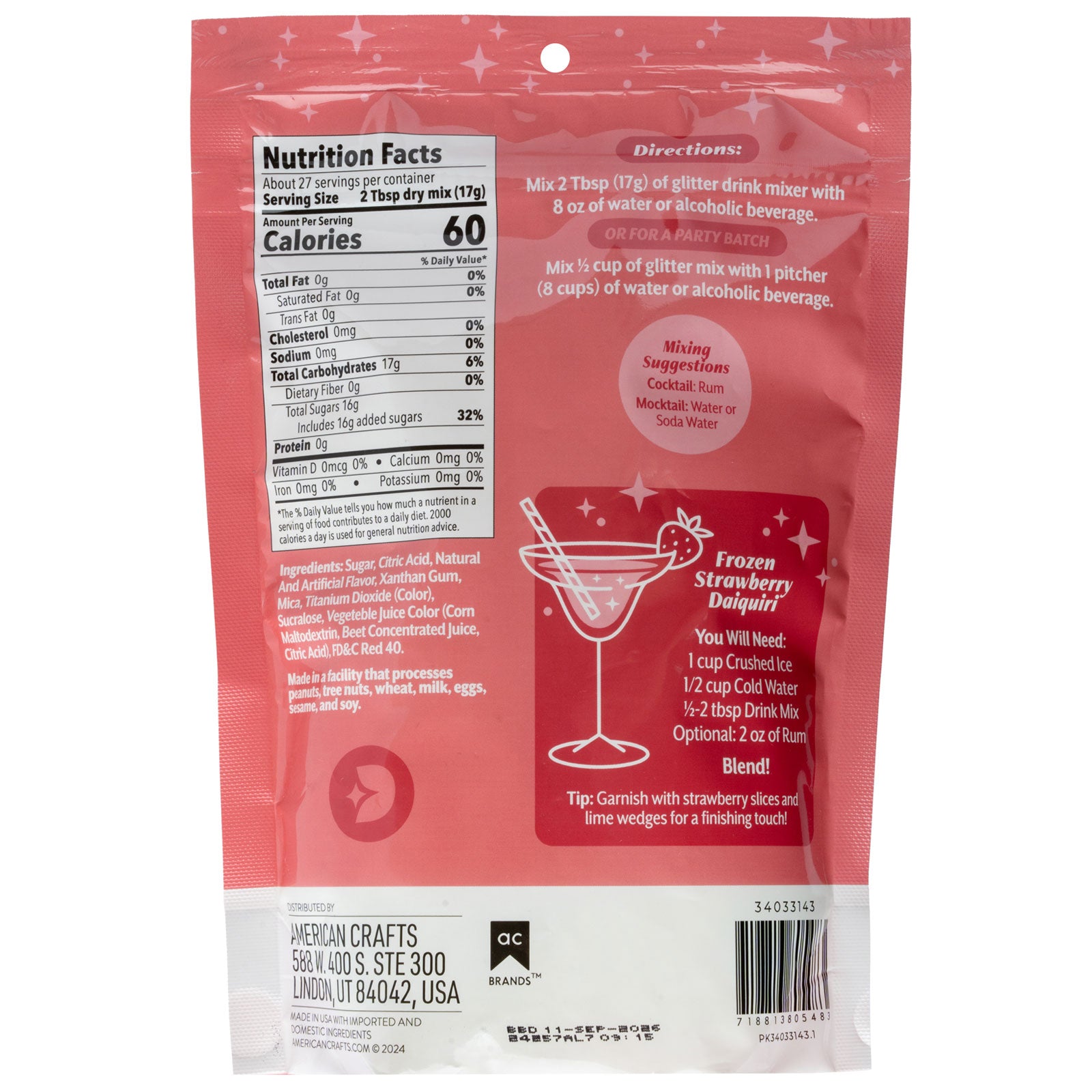 Back of packaging for AC Sweetshop Dazzlin Glitter Drink Strawberry Daiquiri 16 oz Mixer