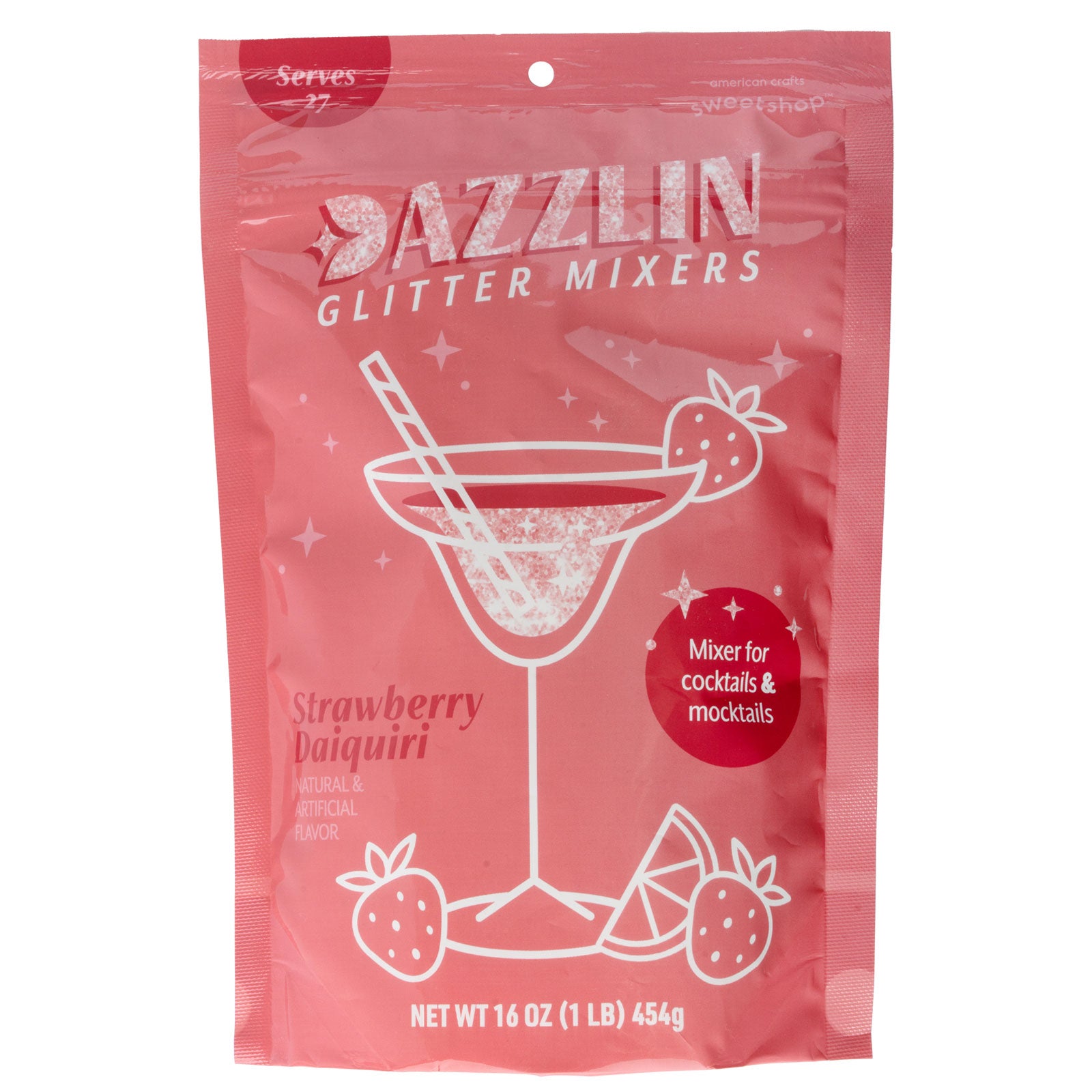 Front of packaging for AC Sweetshop Dazzlin Glitter Drink Strawberry Daiquiri 16 oz Mixer