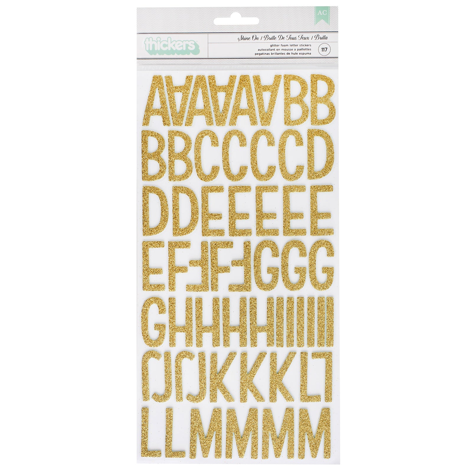 Sunshine & Good Times Thickers Stickers - Shine On Alpha, Gold Glittered Foam, 117 Pieces