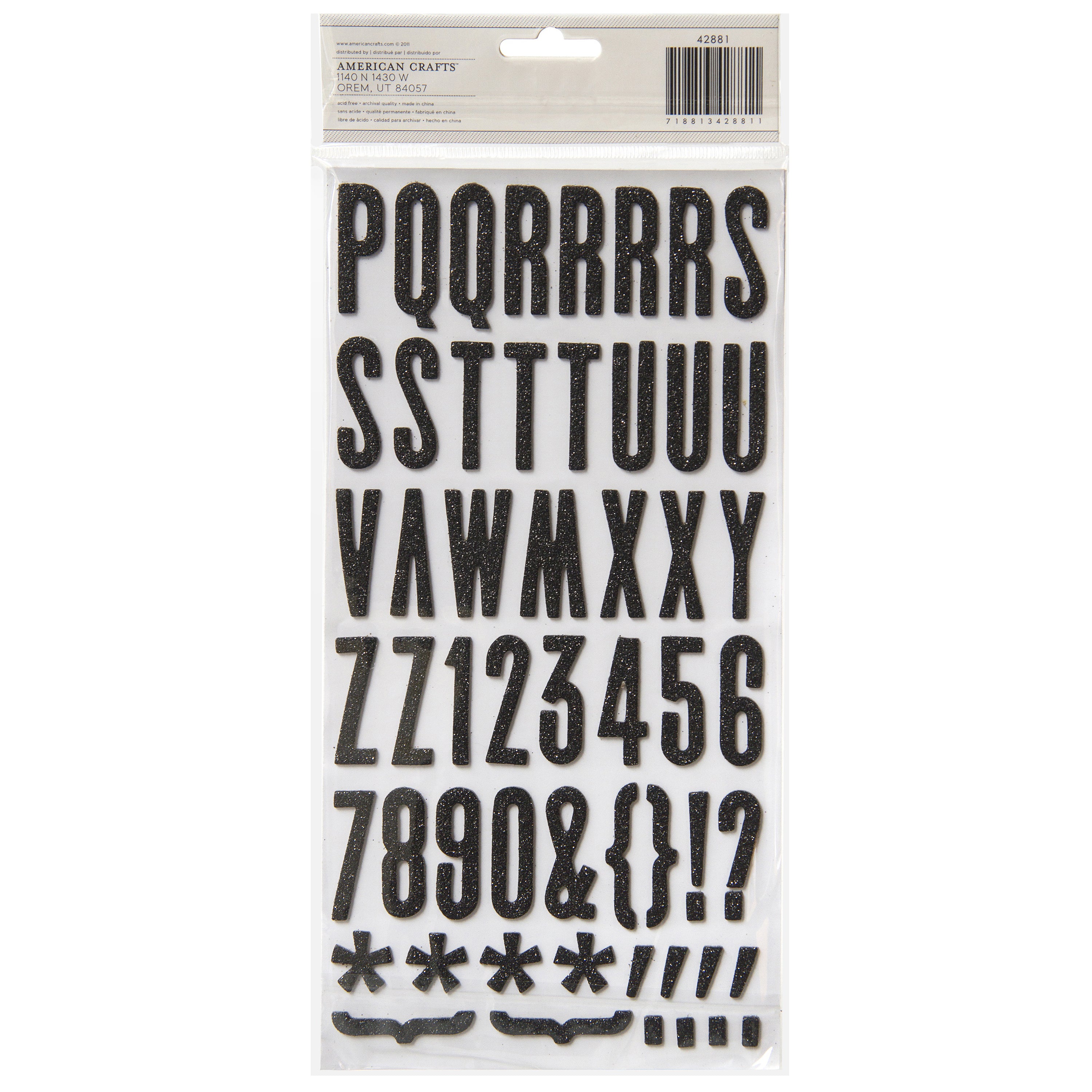 American Crafts Chipboard Alphabet Stickers - Shoe Box - Black Glitter, 103 Pieces