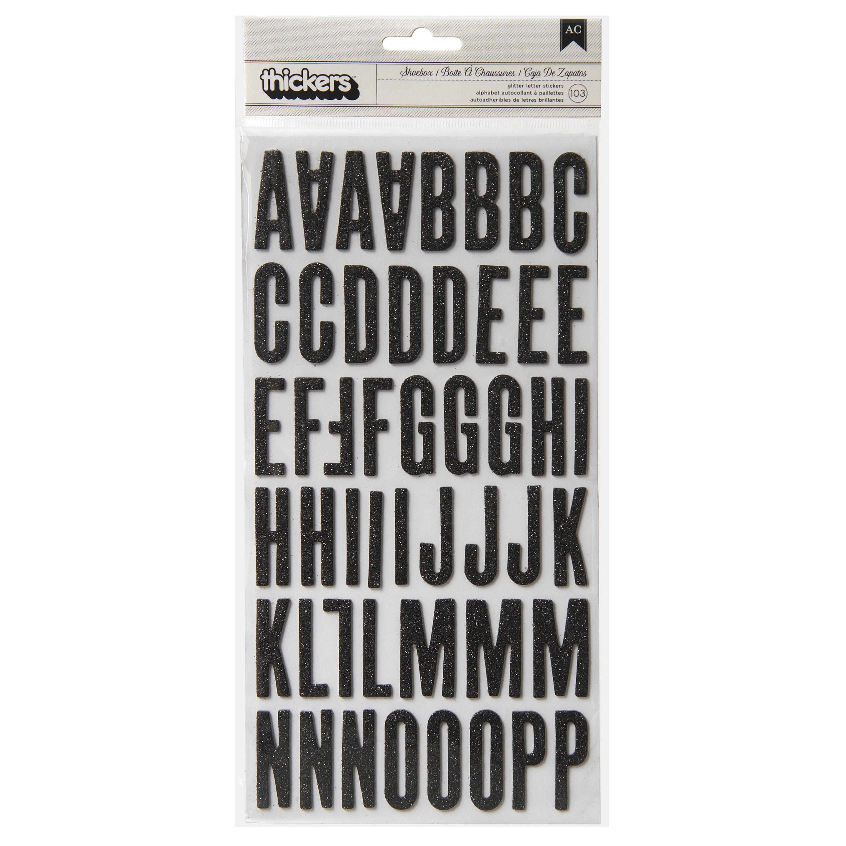 American Crafts Chipboard Alphabet Stickers - Shoe Box - Black Glitter, 103 Pieces
