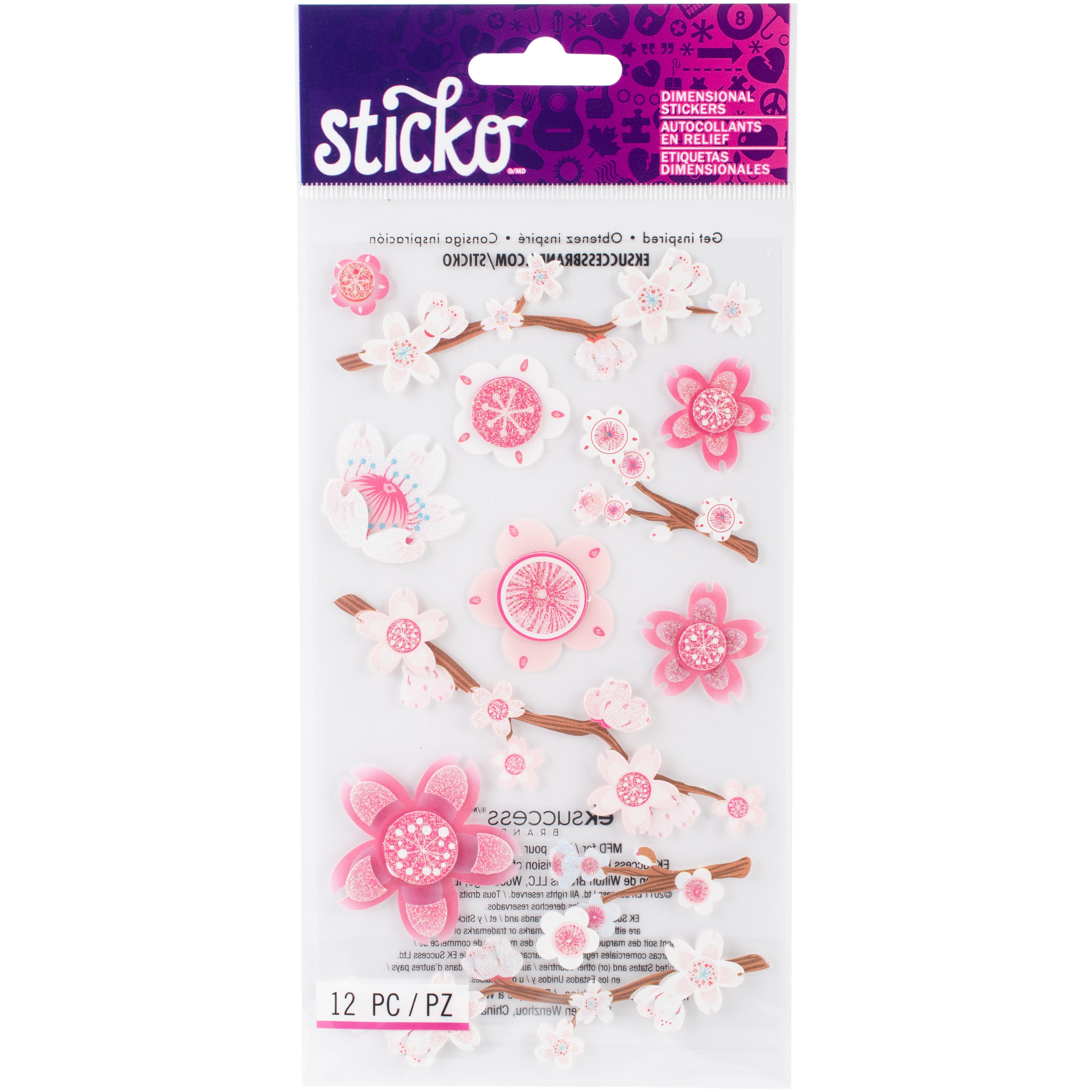Sticko Cherry Blossom Dimensional Stickers with Glitter Accents, 12pcs