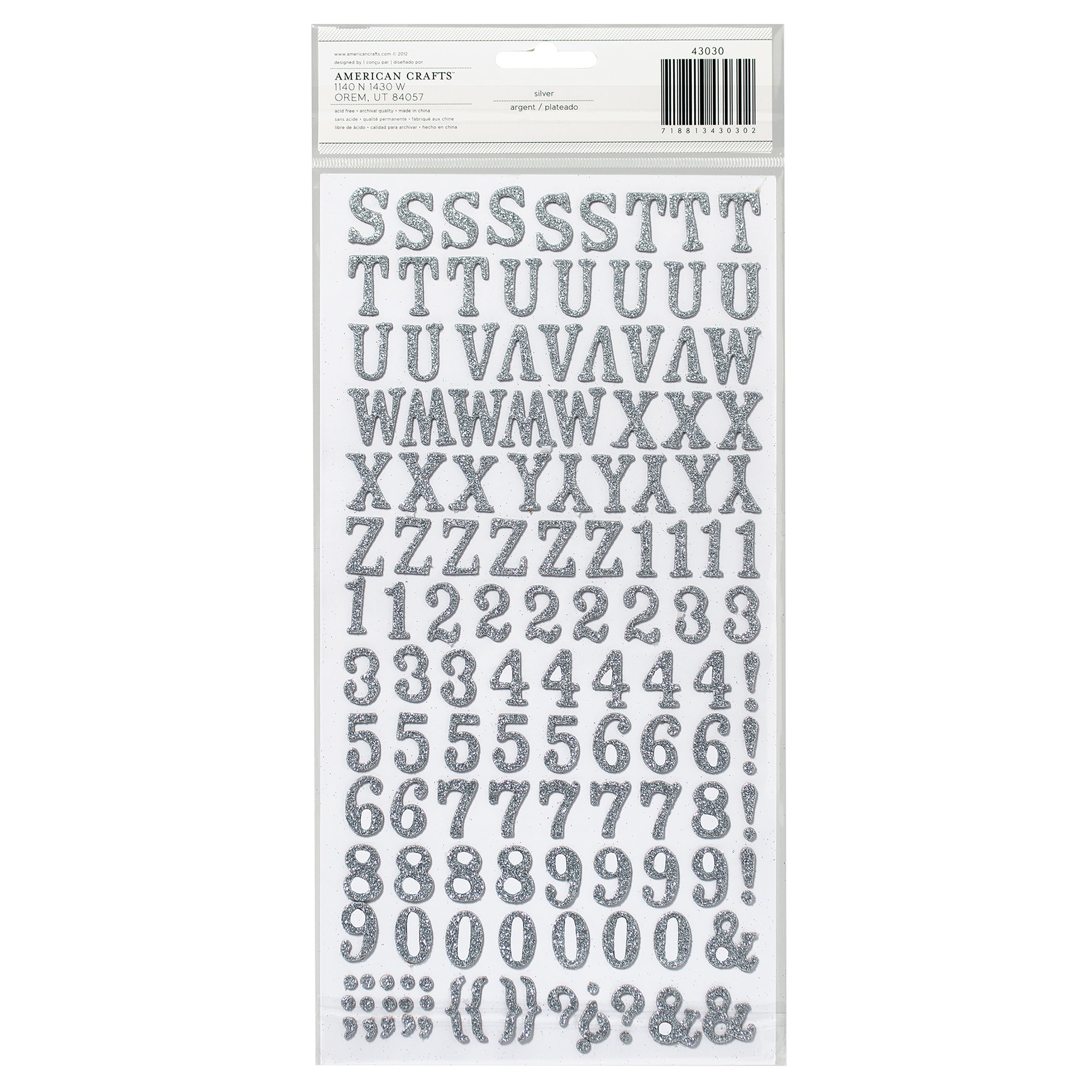 AC Chipboard Alphabet Stickers - Rockabye, Silver Glitter, 242pcs