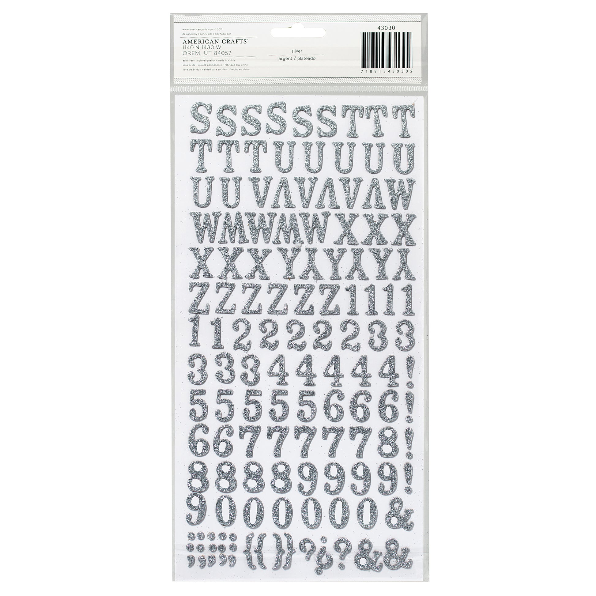 AC Chipboard Alphabet Stickers - Rockabye, Silver Glitter, 242pcs