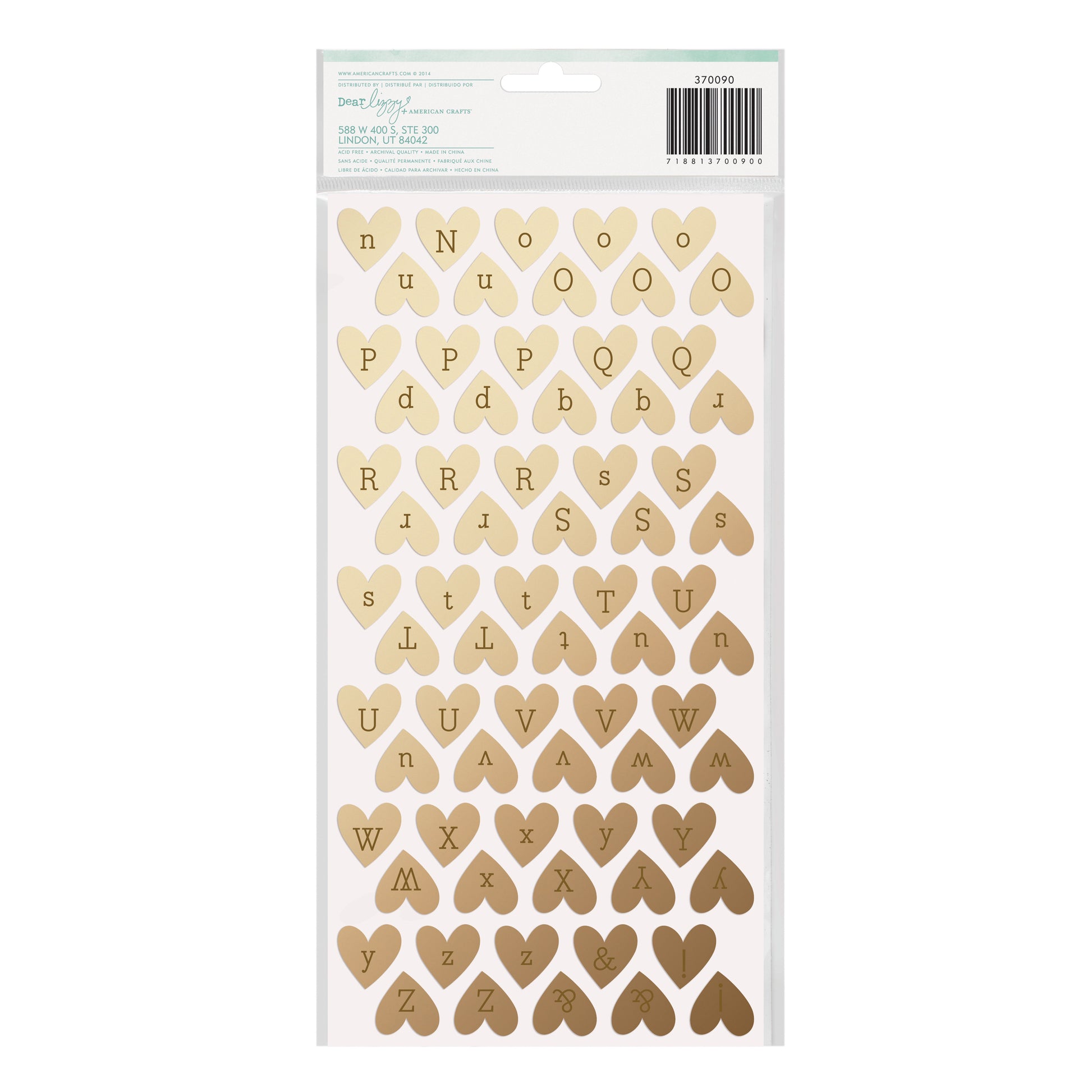 Dear Lizzy Fine & Dandy Thickers - Alpha Stickers- Sparkling Hearts/Gold Foiled, 2 Pack