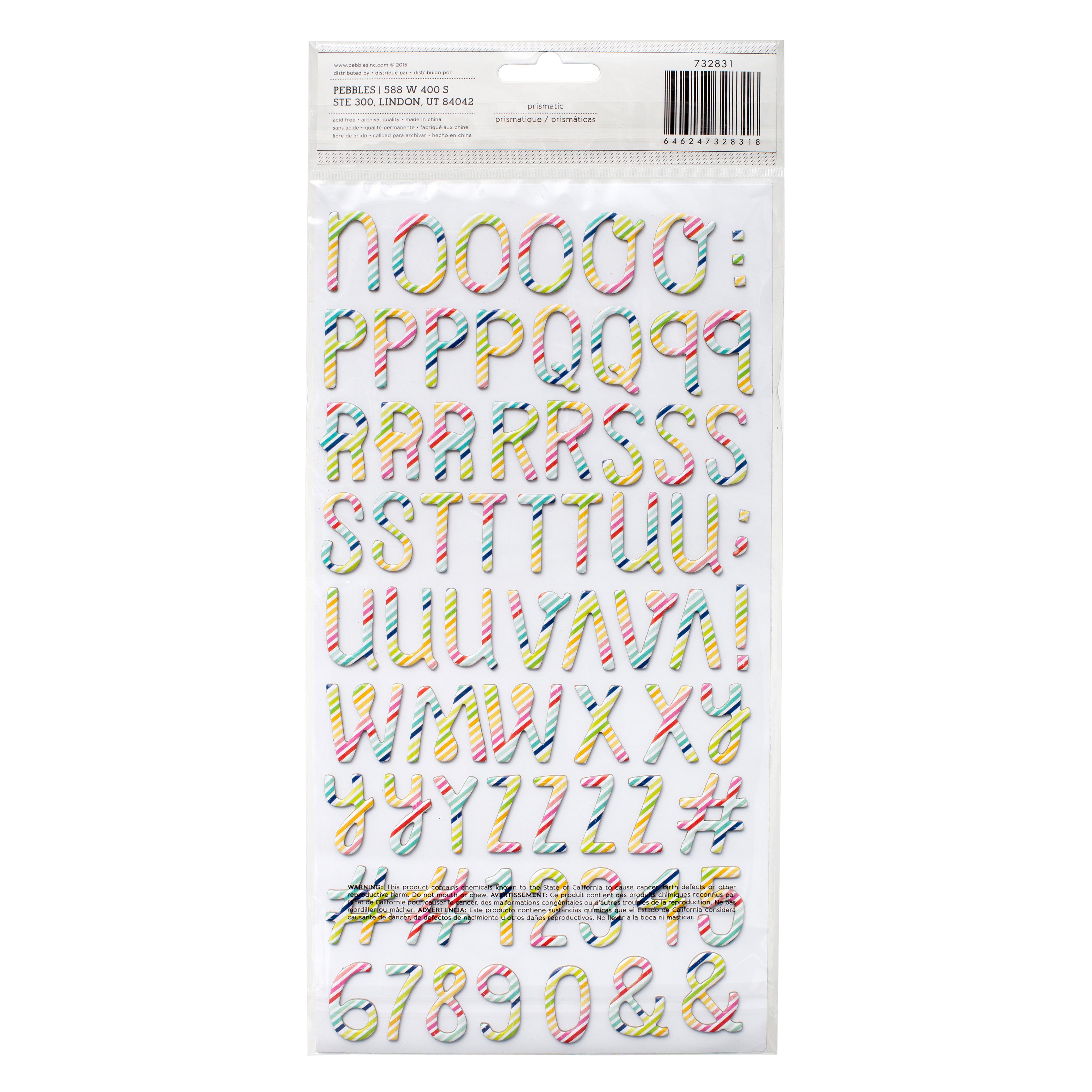 Fun In The Sun Thickers Alpha Stickers - Prismatic/Multi Stripe Chipboard,  144 Pieces