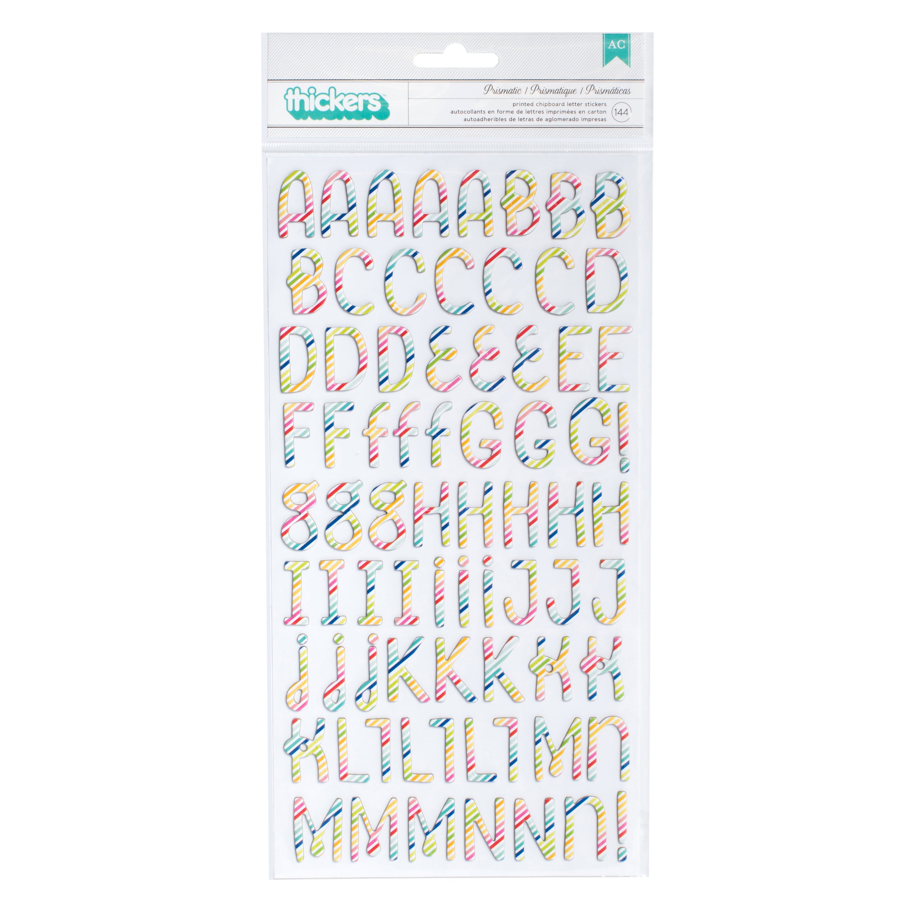 Fun In The Sun Thickers Alpha Stickers - Prismatic/Multi Stripe Chipboard,  144 Pieces