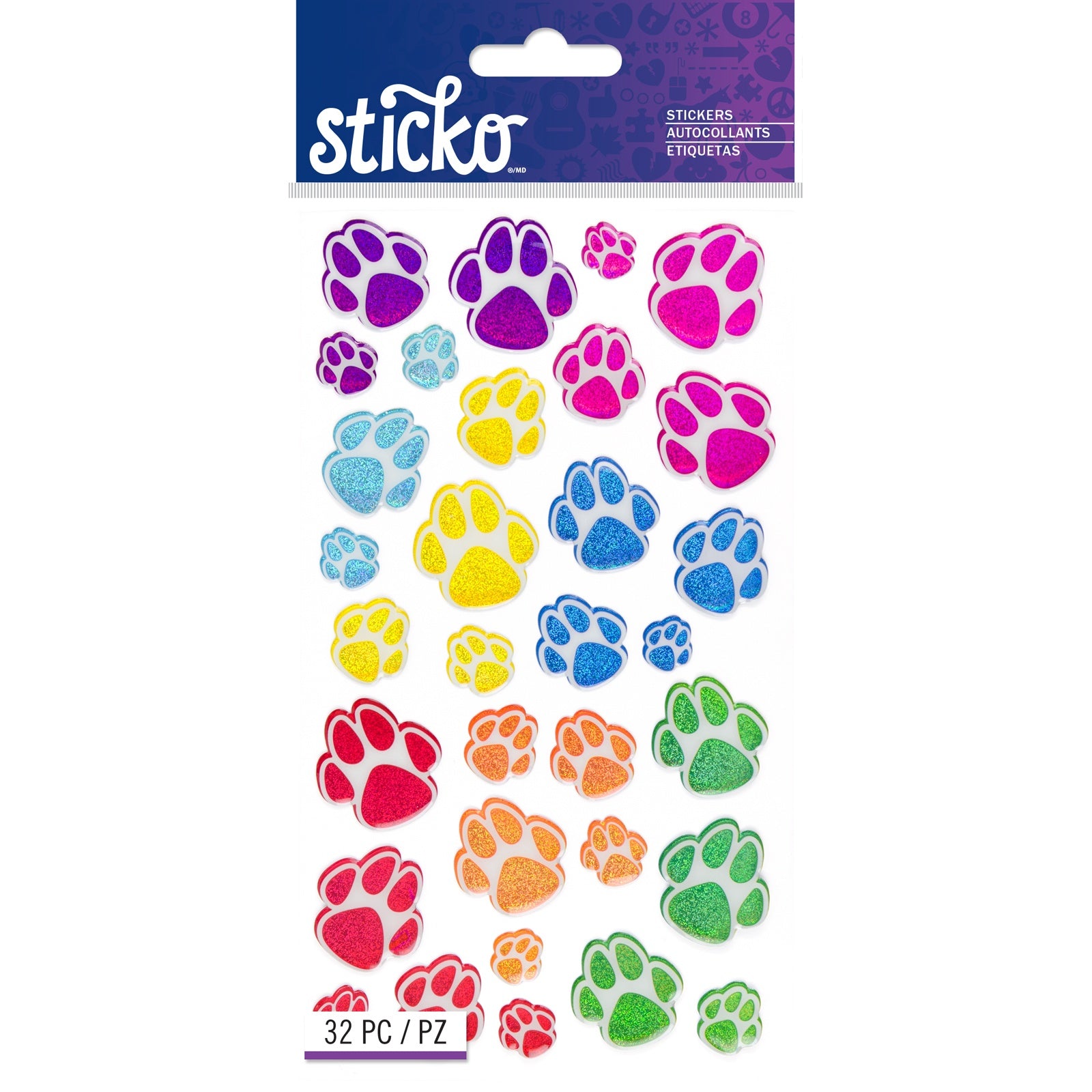 Sticko Dimensional Stickers - Printed Glitter Animal Tracks, 32pcs