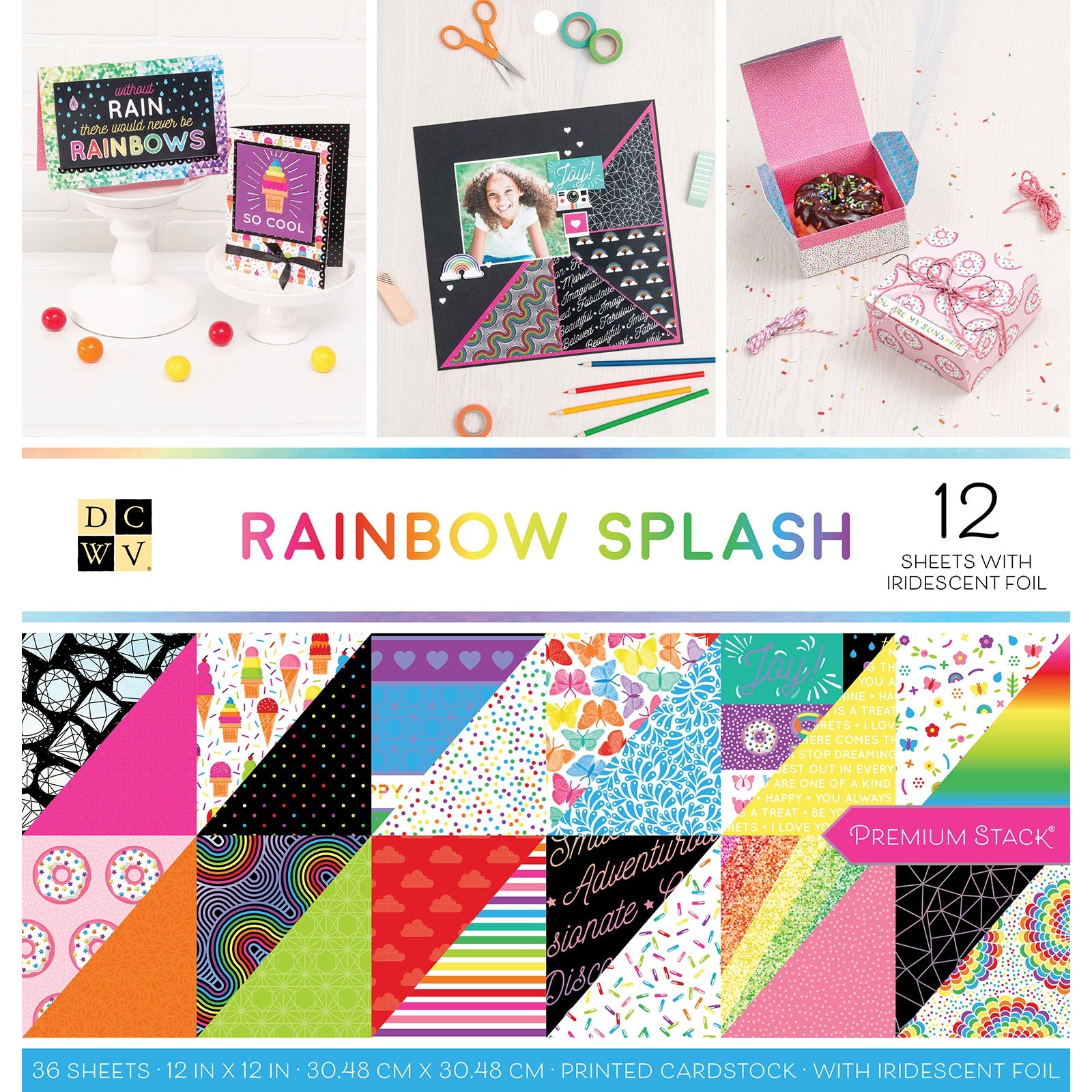 DCWV Double-Sided 12x12" Cardstock Stack - Rainbow Splash, with Foil