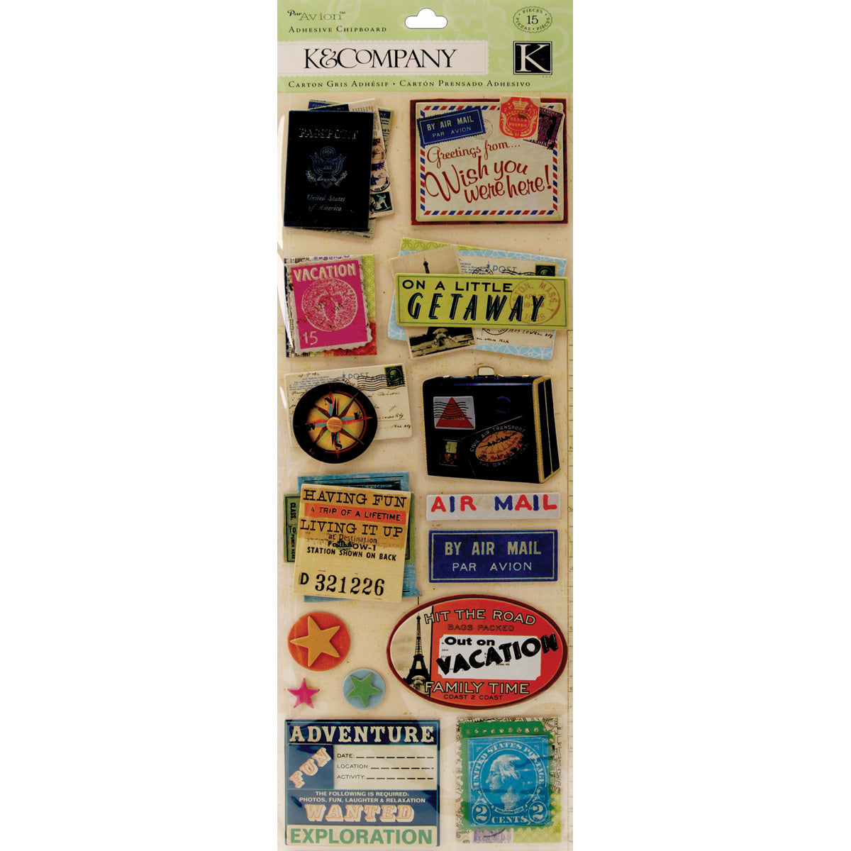 K&Company Par Avion Dimensional Adhesive Chipboard, 15 pcs