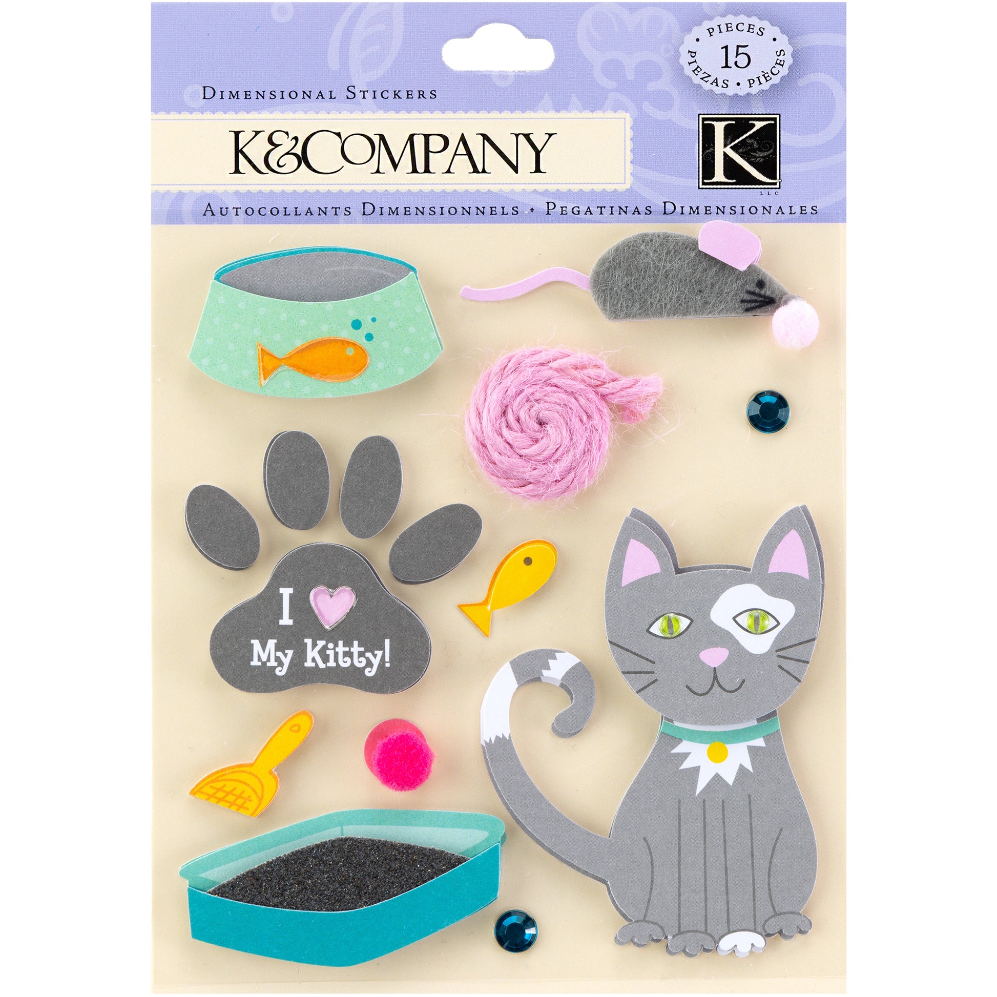 K & Company Kitty Love Dimensional Stickers, 15 pcs