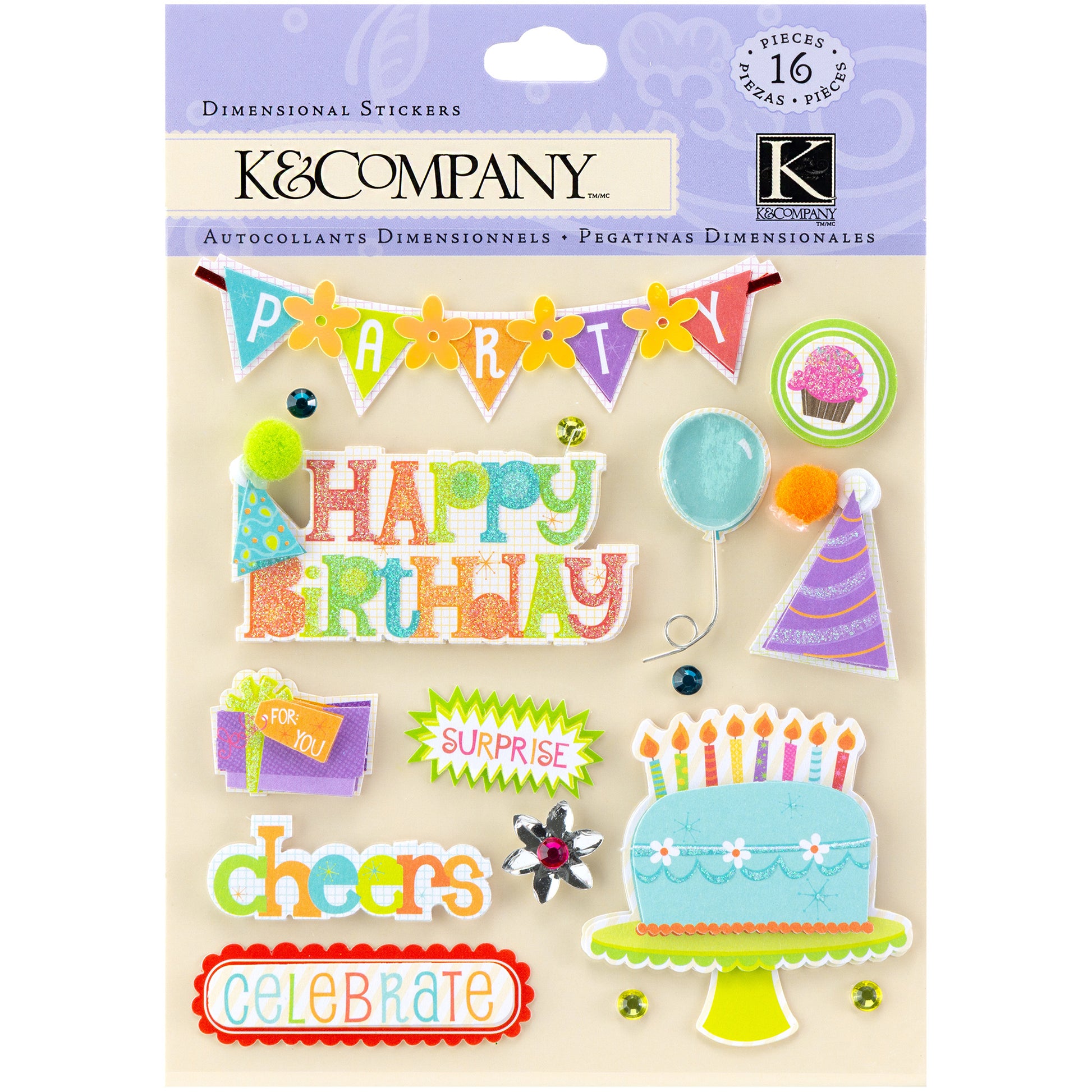 K&Company Birthday Wish Dimensional Stickers, 16 pcs