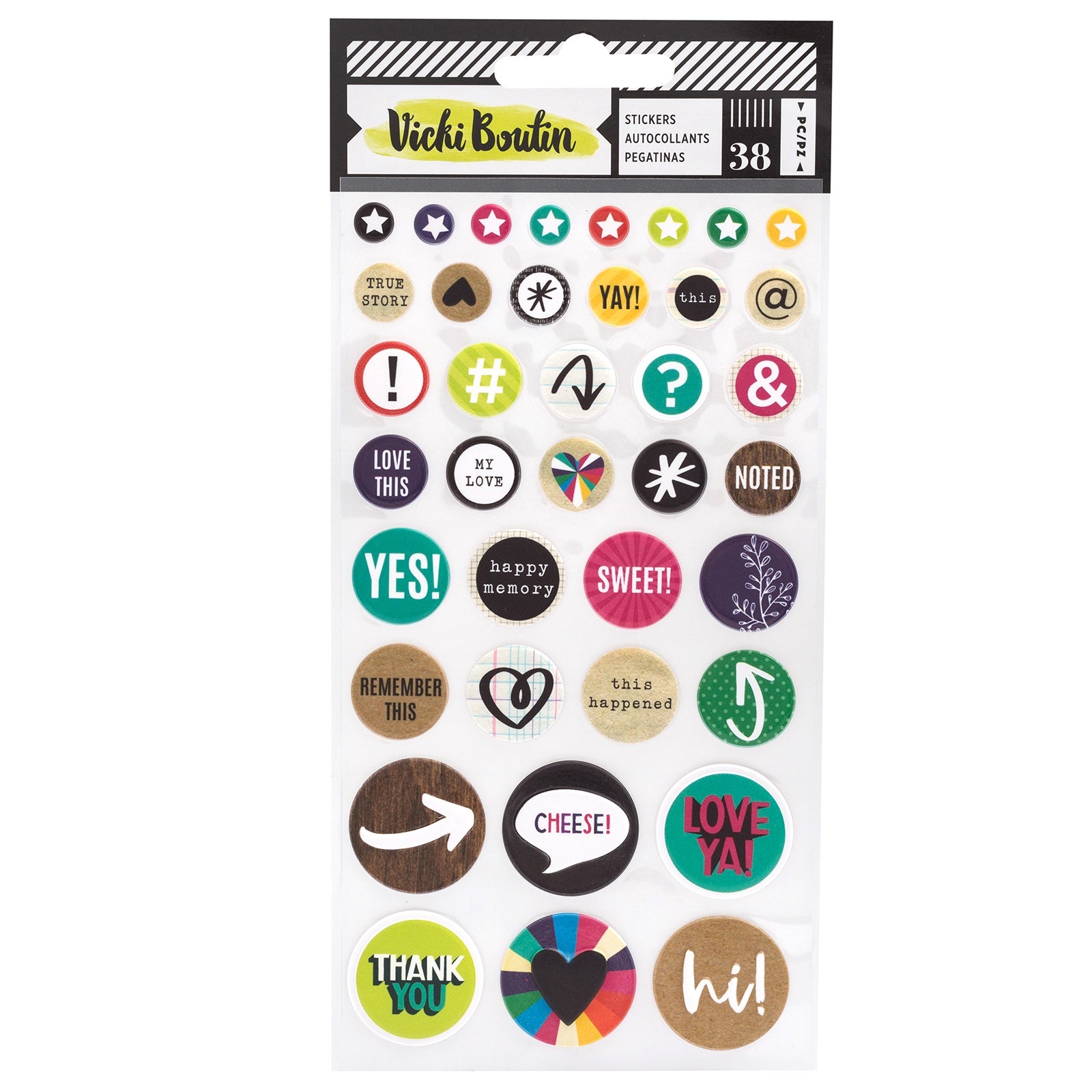 Vicki Boutin Color Kaleidoscope Icon & Phrase Puffy Stickers, 38 pcs