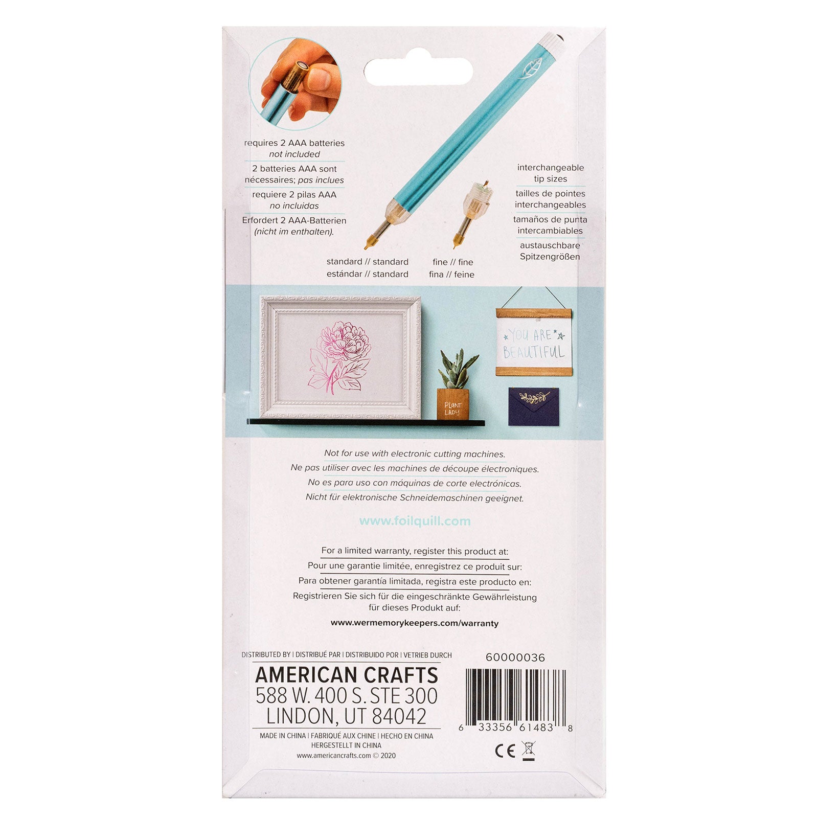 Back of packaging for We R Makers Foil Quill Cordless Freestyle Pen with 2 Tips & Gold Foil