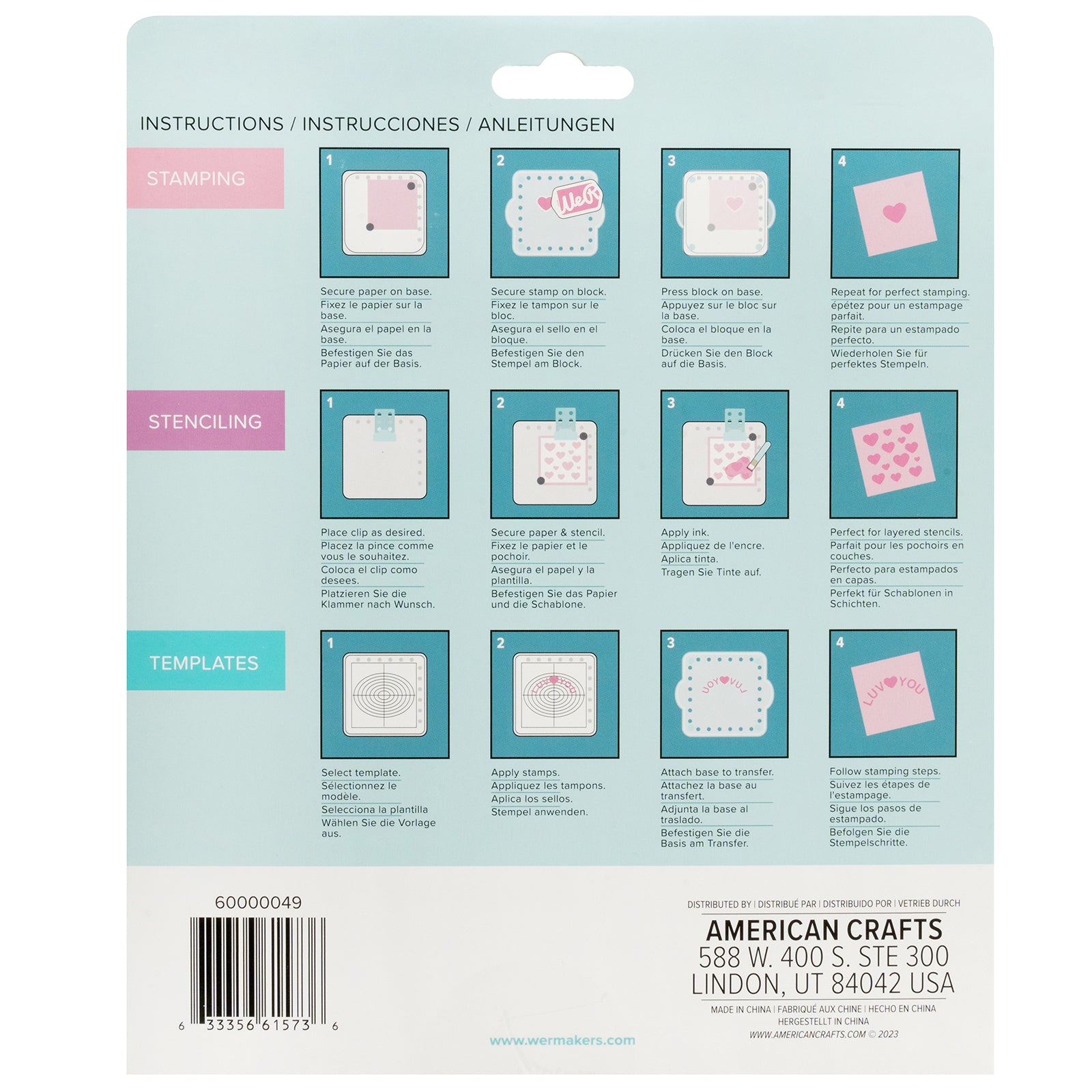 Back of packaging for We R Makers Precision Press Stamp and Stencil Holder Bundle