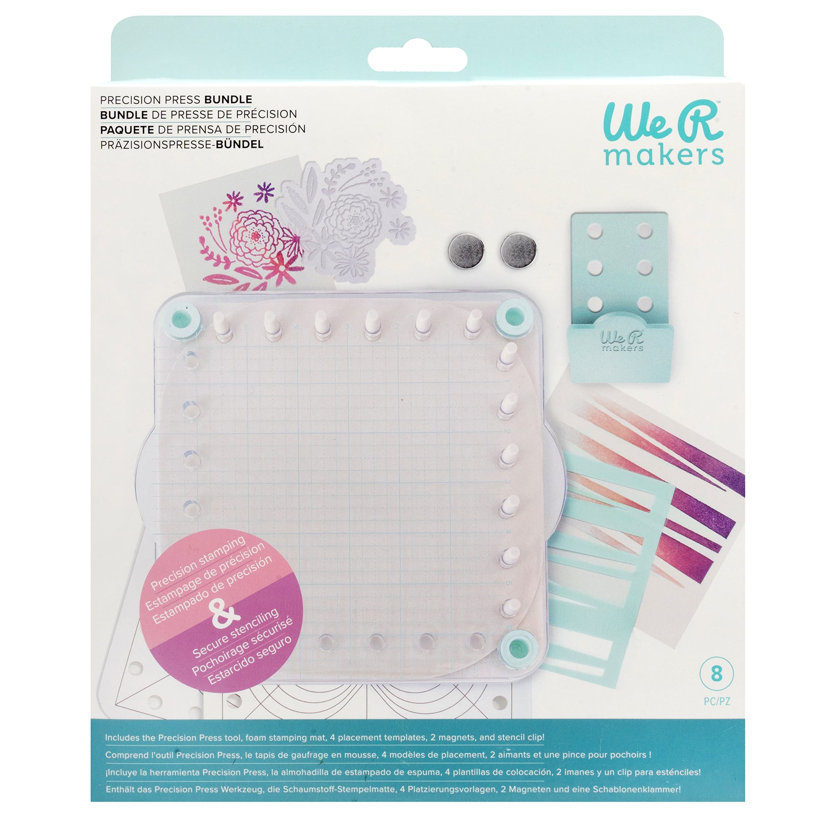 Front of packaging for We R Makers Precision Press Stamp and Stencil Holder Bundle