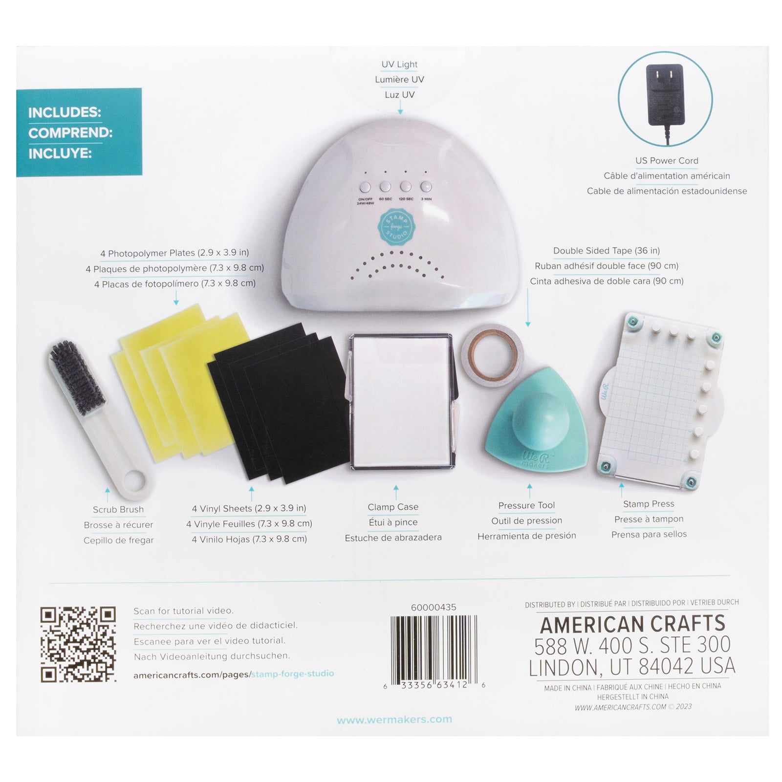 Back of packaging for We R Makers Stamp Forge All In One Custom Stamp Making Kit