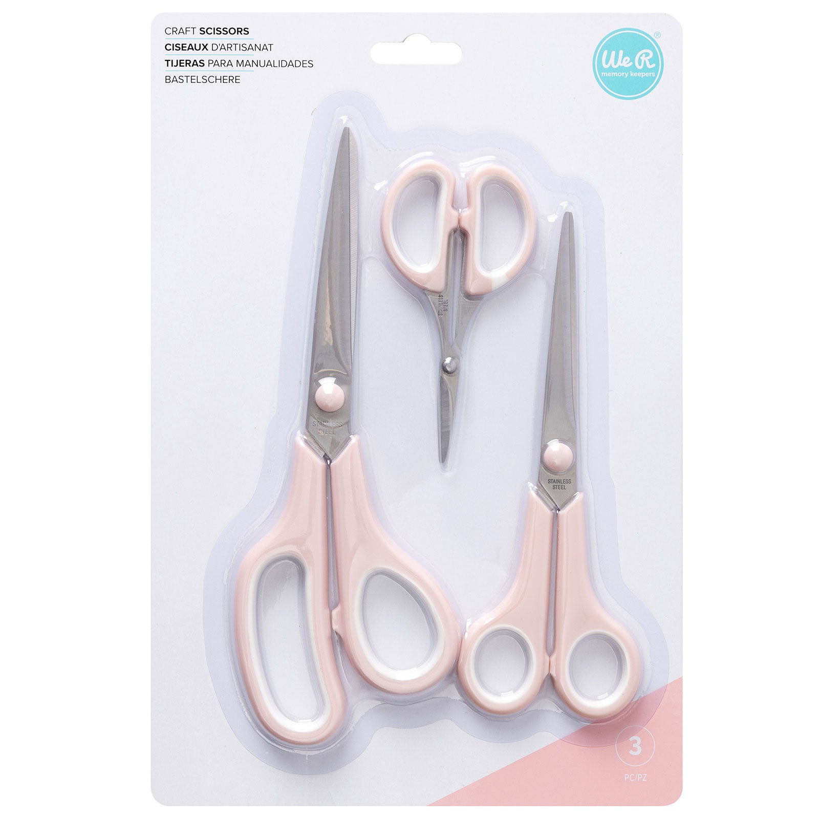 Front of packaging for We R Makers Pink Craft Scissors - 3 Pack