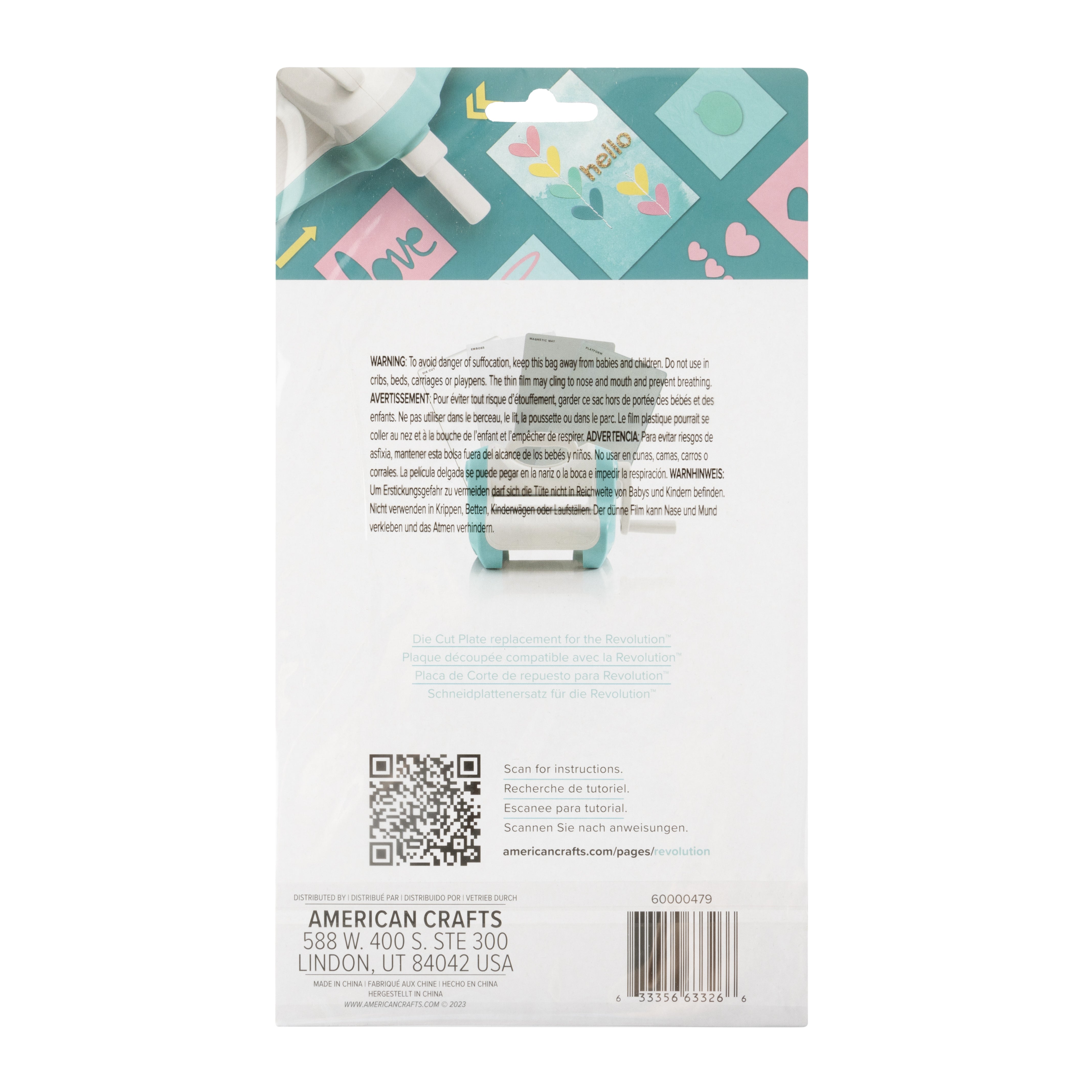 Back of packaging for We R Makers Revolution Die Cutting Replacement Plate