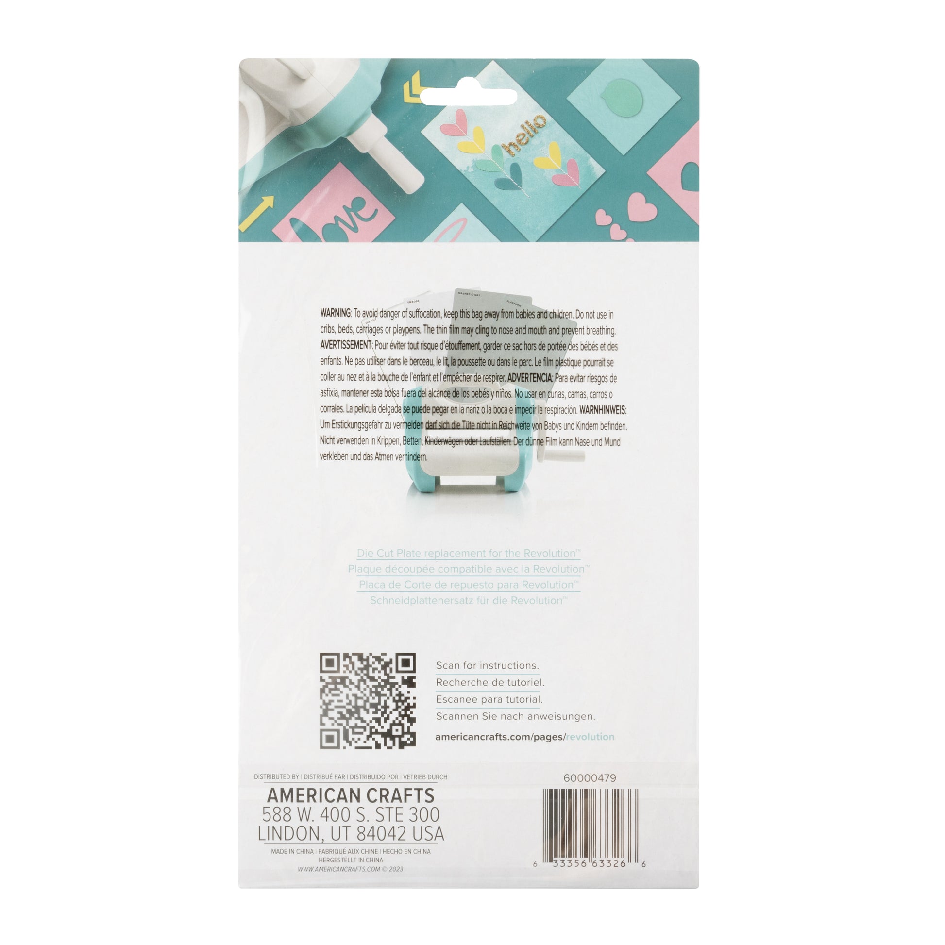 Back of packaging for We R Makers Revolution Die Cutting Replacement Plate