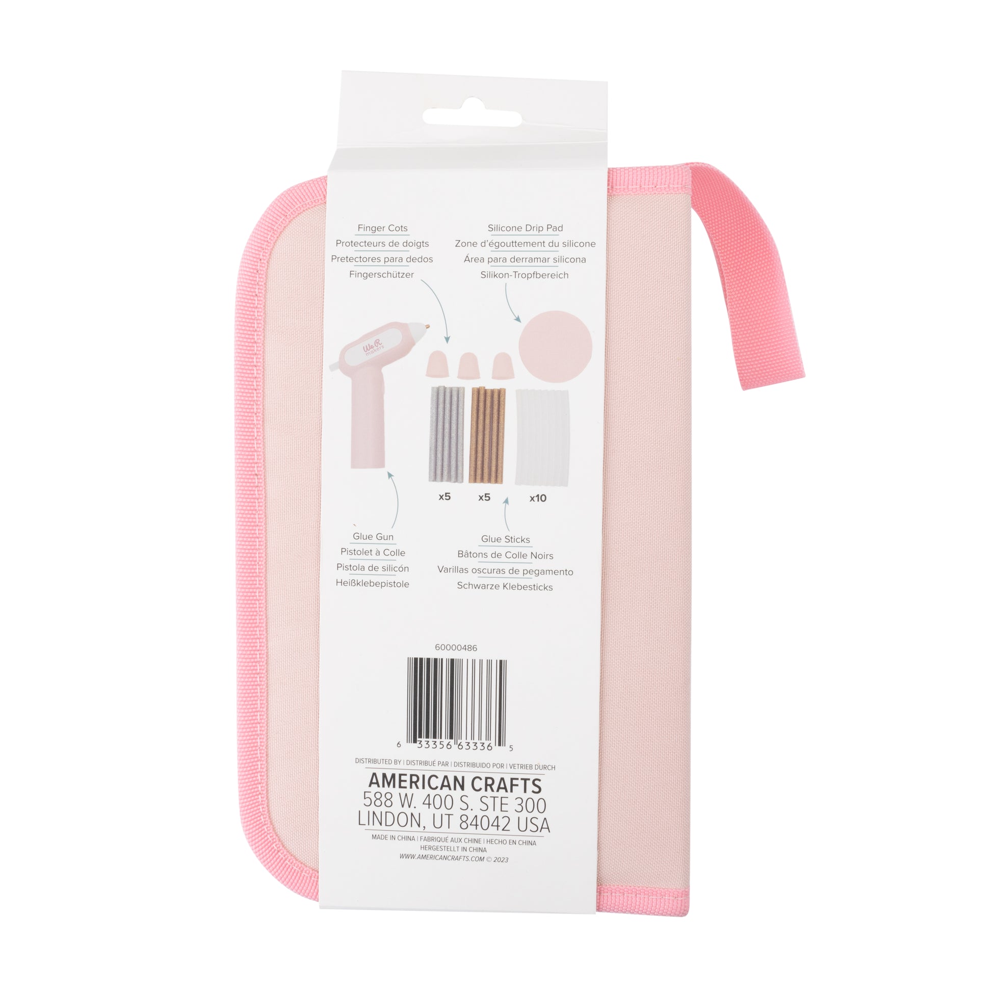 Back of packaging for We R Makers Creative Flow Pink Glue Gun Kit